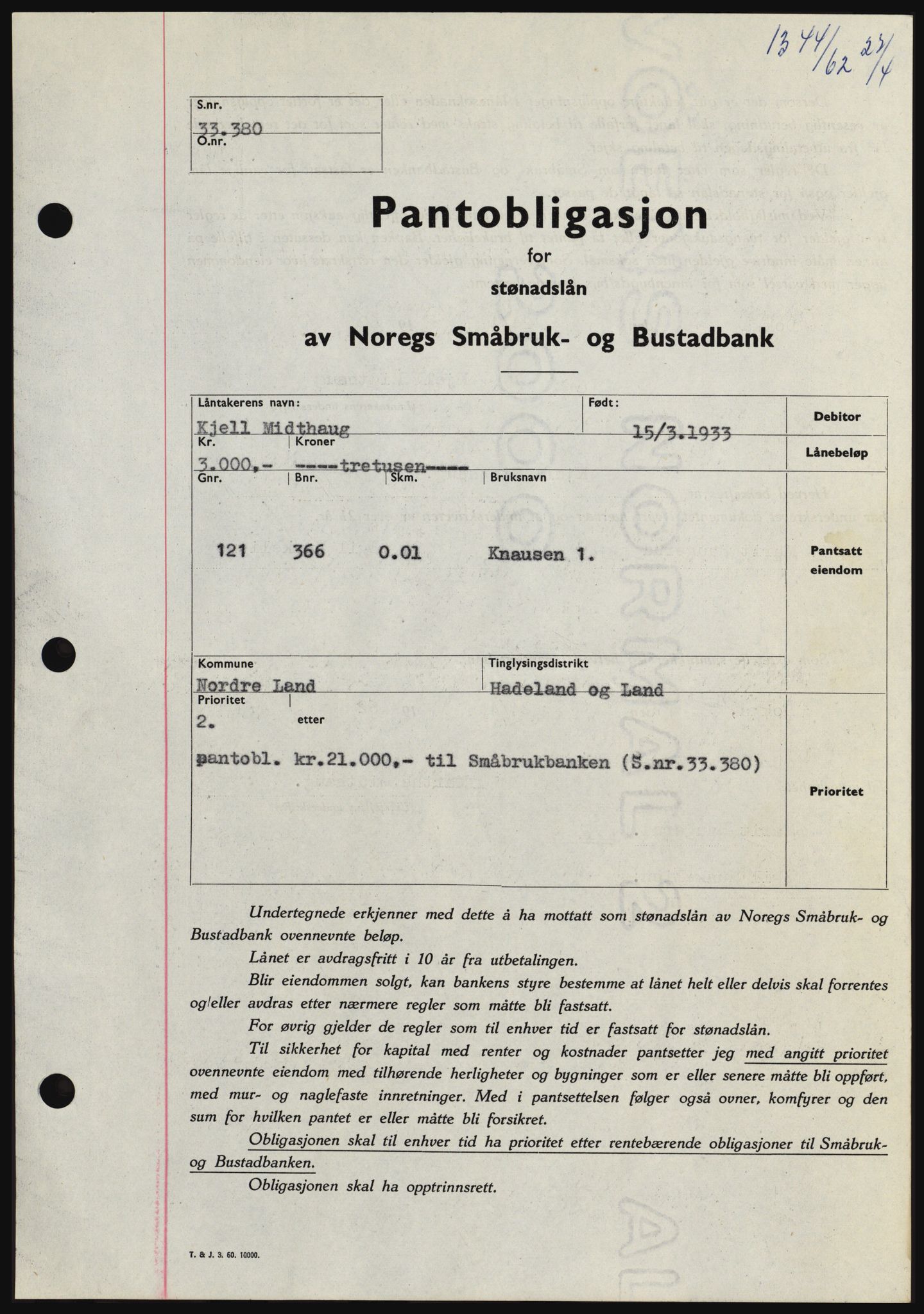 Hadeland og Land tingrett, SAH/TING-010/H/Hb/Hbc/L0048: Pantebok nr. B48, 1962-1962, Dagboknr: 1344/1962