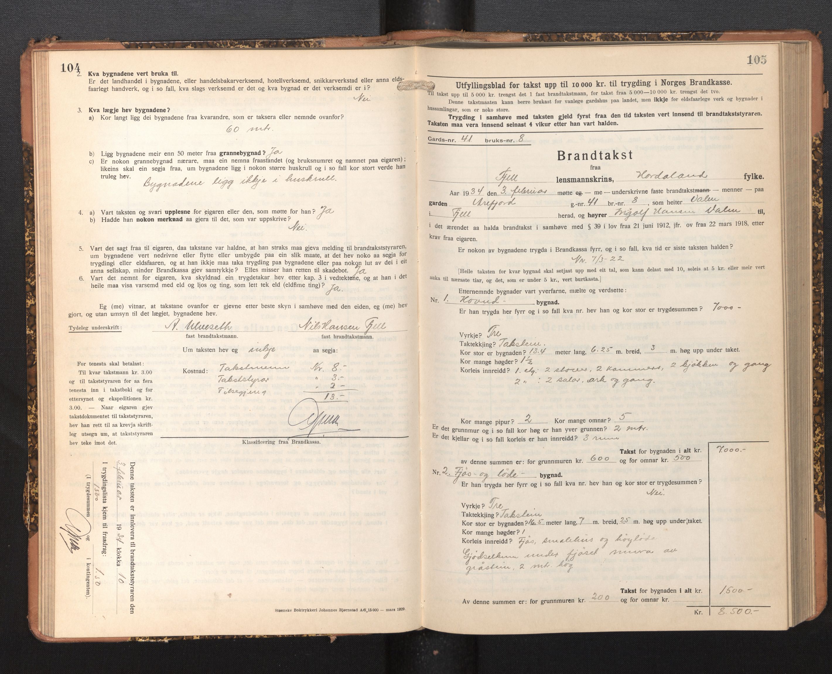 Lensmannen i Fjell, SAB/A-32301/0012/L0006: Branntakstprotokoll, skjematakst, 1931-1945, s. 104-105