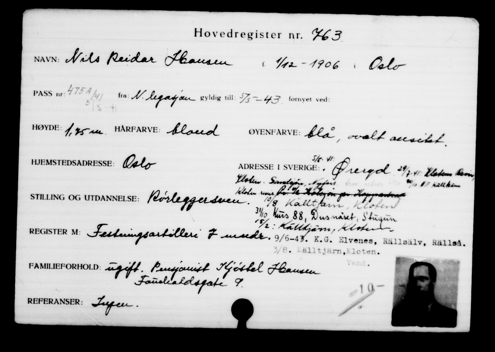 Utenriksstasjonene, Legasjonen i Stockholm, Flyktningkontoret, AV/RA-S-6753/V/Va/L0001: Kjesäterkartoteket, flyktninger med registreringsnr. 1-1000, 1940-1945, s. 1204