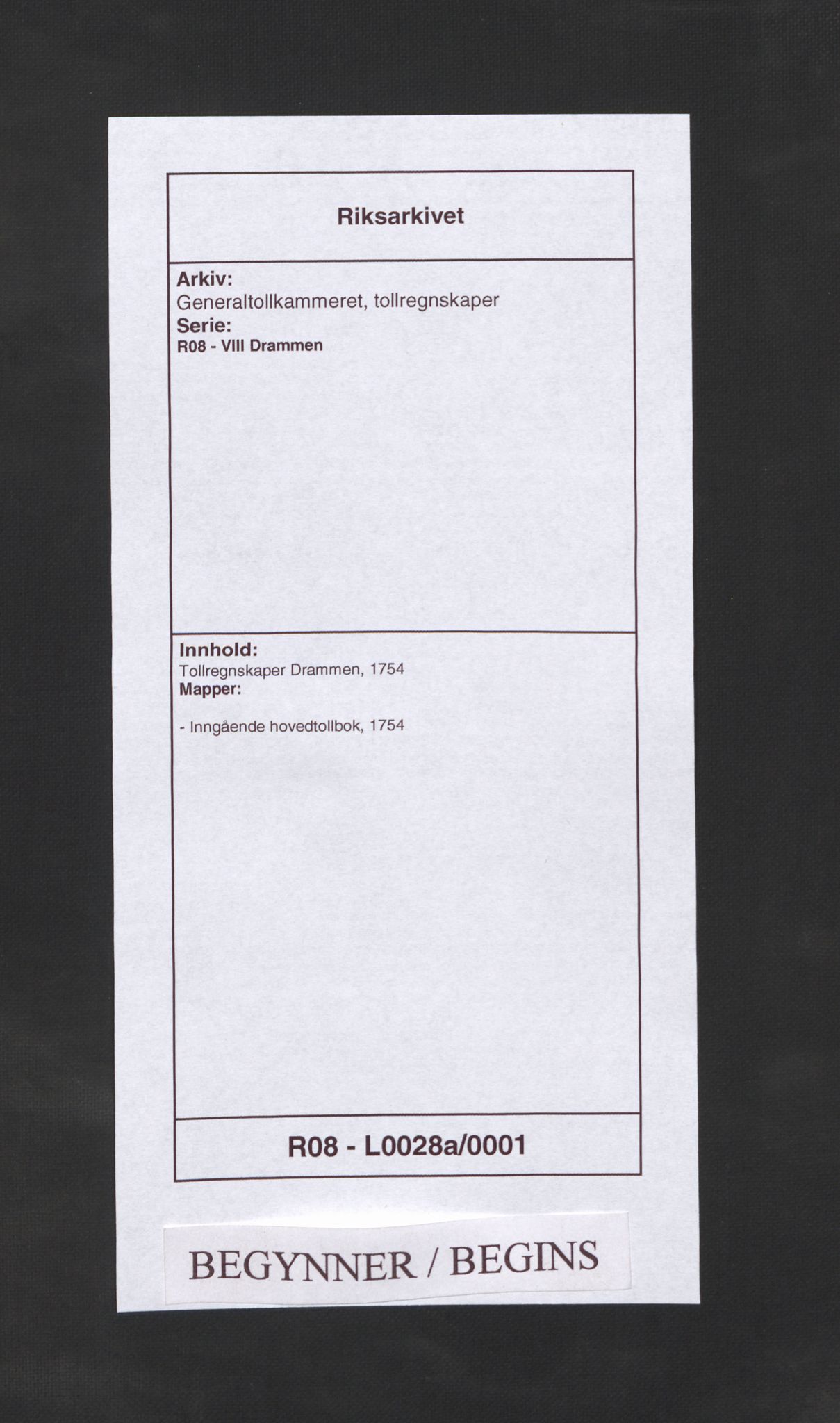 Generaltollkammeret, tollregnskaper, RA/EA-5490/R08/L0028a/0001: Tollregnskaper Drammen / Inngående hovedtollbok, 1754