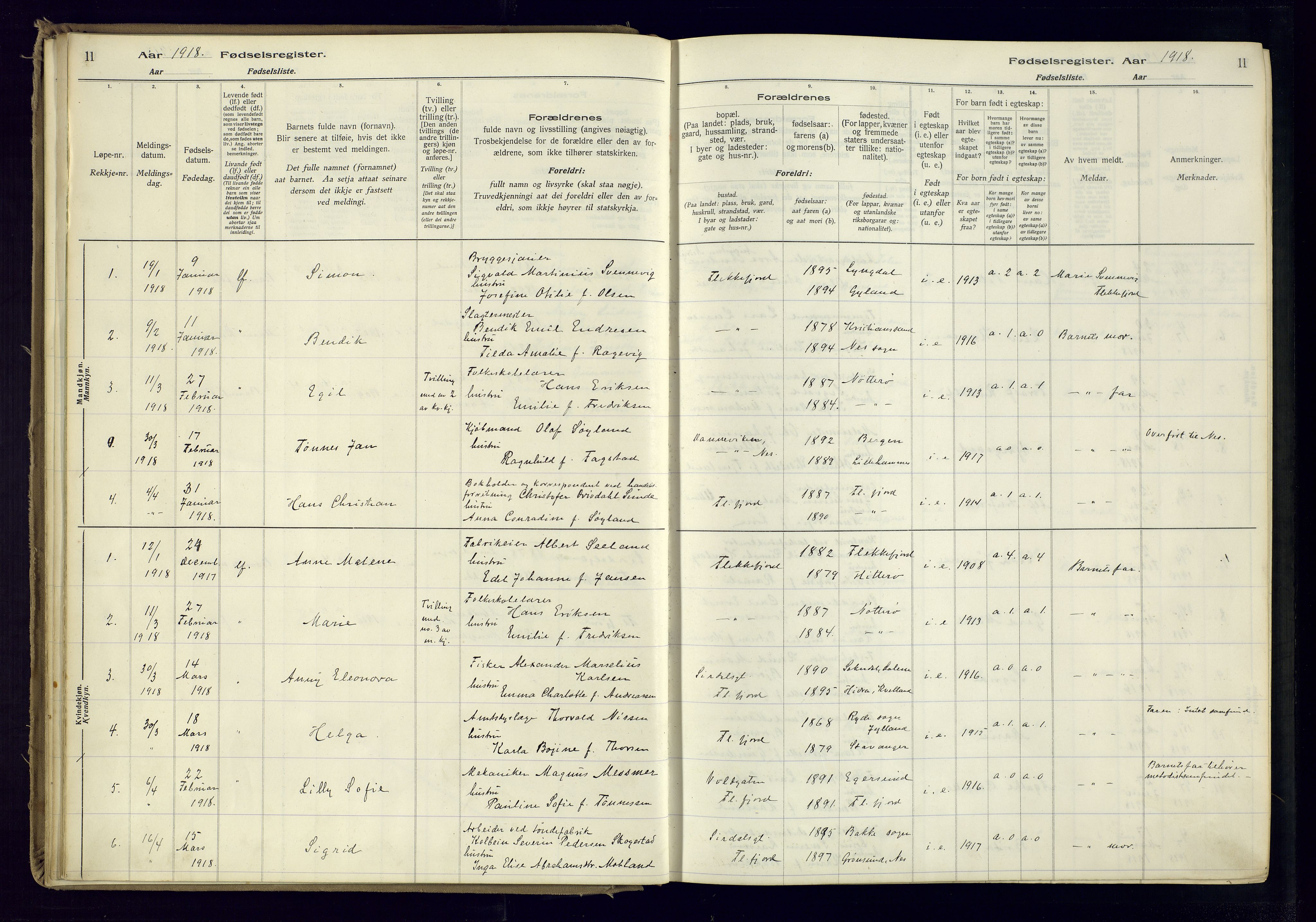 Flekkefjord sokneprestkontor, AV/SAK-1111-0012/J/Ja/L0001: Fødselsregister nr. 1, 1916-1948, s. 11