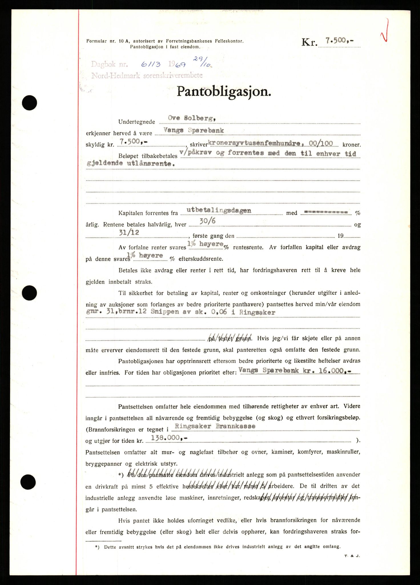 Nord-Hedmark sorenskriveri, SAH/TING-012/H/Hb/Hbf/L0082: Pantebok nr. B82, 1969-1969, Dagboknr: 6113/1969