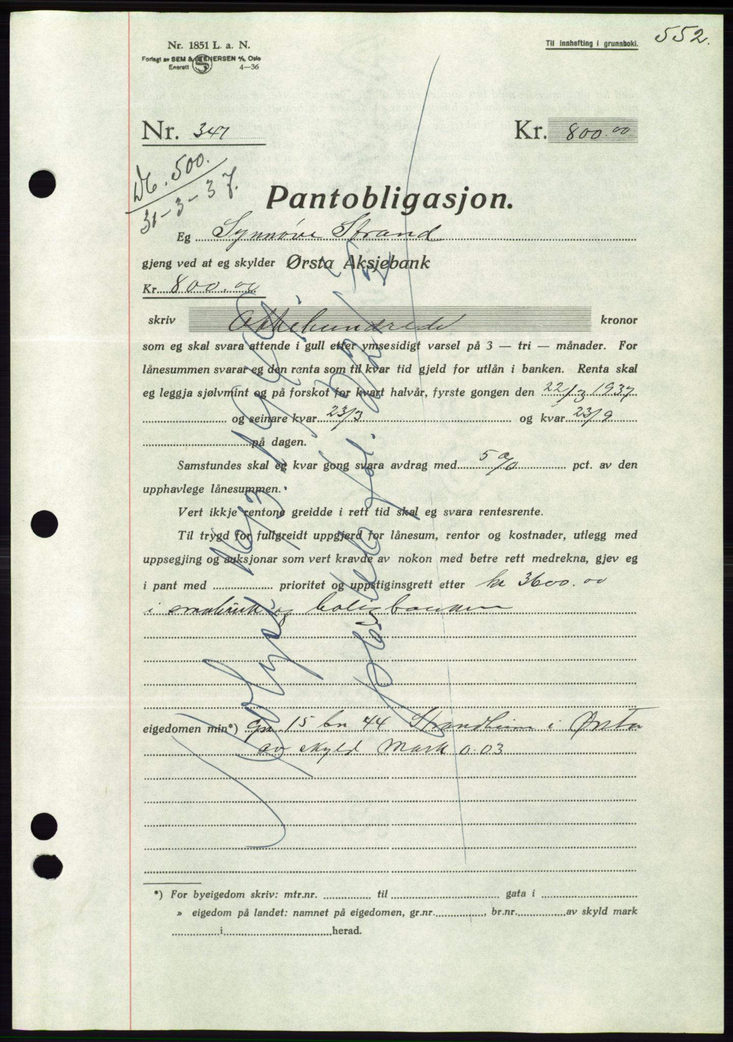 Søre Sunnmøre sorenskriveri, SAT/A-4122/1/2/2C/L0062: Pantebok nr. 56, 1936-1937, Dagboknr: 500/1937