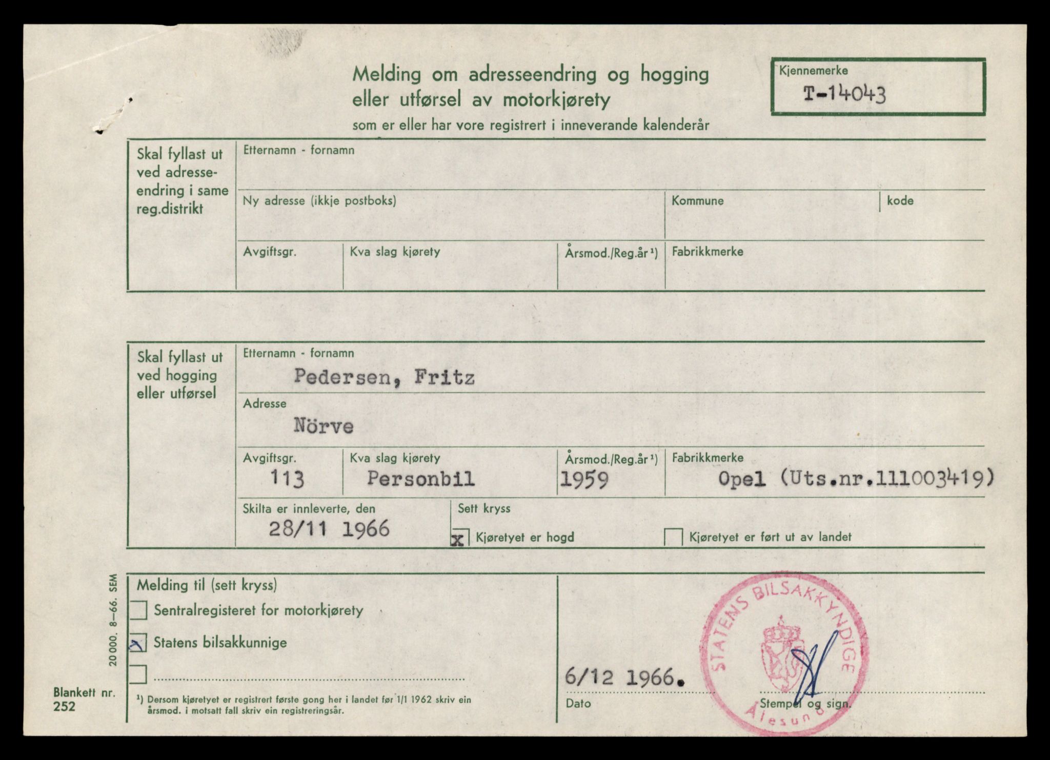 Møre og Romsdal vegkontor - Ålesund trafikkstasjon, AV/SAT-A-4099/F/Fe/L0042: Registreringskort for kjøretøy T 13906 - T 14079, 1927-1998, s. 2283