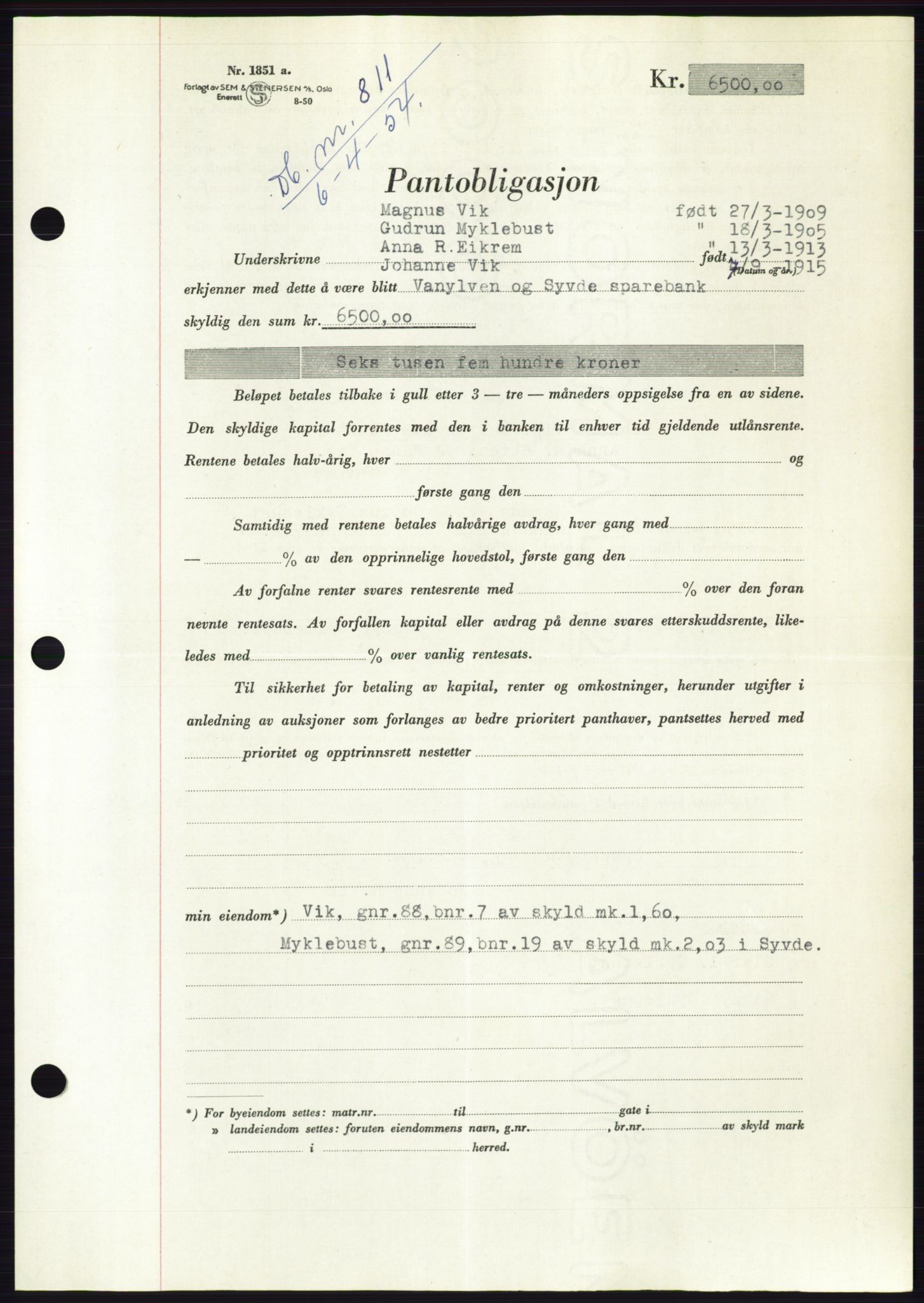 Søre Sunnmøre sorenskriveri, AV/SAT-A-4122/1/2/2C/L0124: Pantebok nr. 12B, 1953-1954, Dagboknr: 811/1954