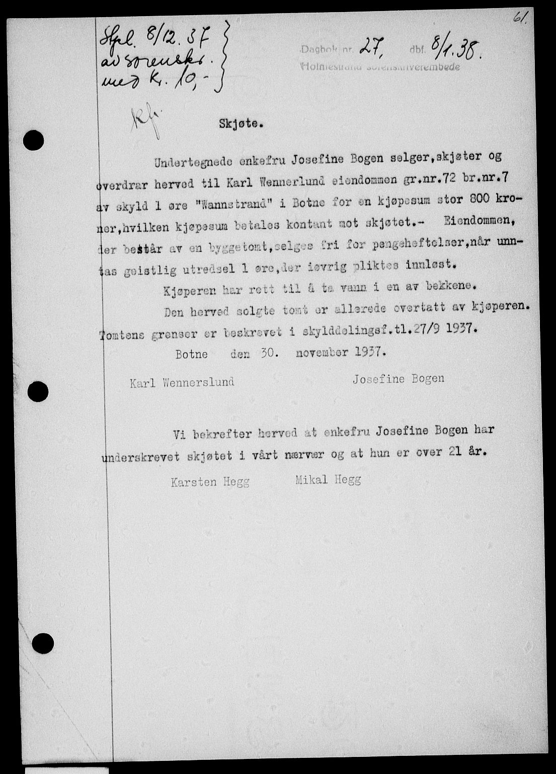 Holmestrand sorenskriveri, SAKO/A-67/G/Ga/Gaa/L0049: Pantebok nr. A-49, 1937-1938, Dagboknr: 27/1938