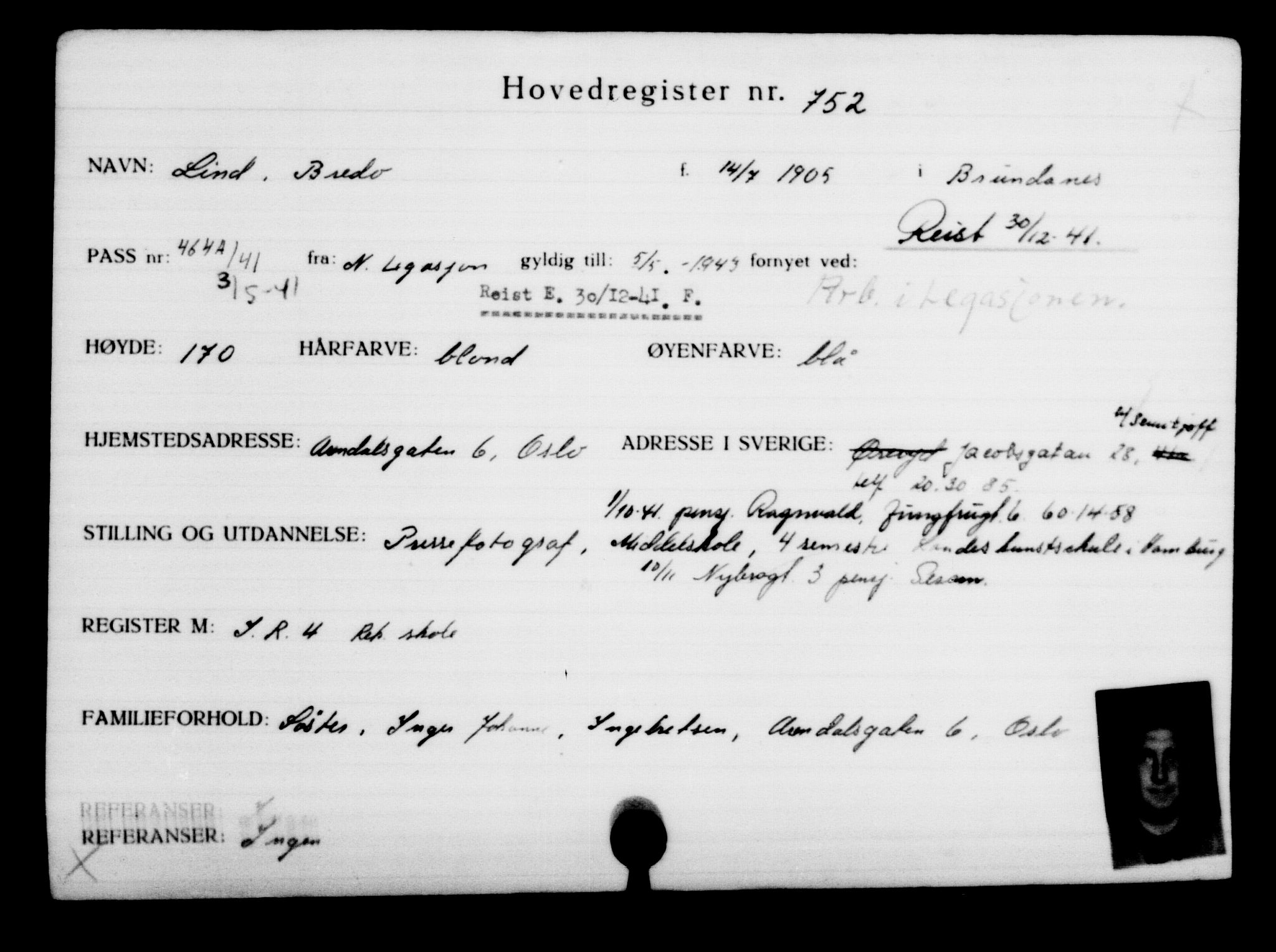 Utenriksstasjonene, Legasjonen i Stockholm, Flyktningkontoret, AV/RA-S-6753/V/Va/L0001: Kjesäterkartoteket, flyktninger med registreringsnr. 1-1000, 1940-1945, s. 1186