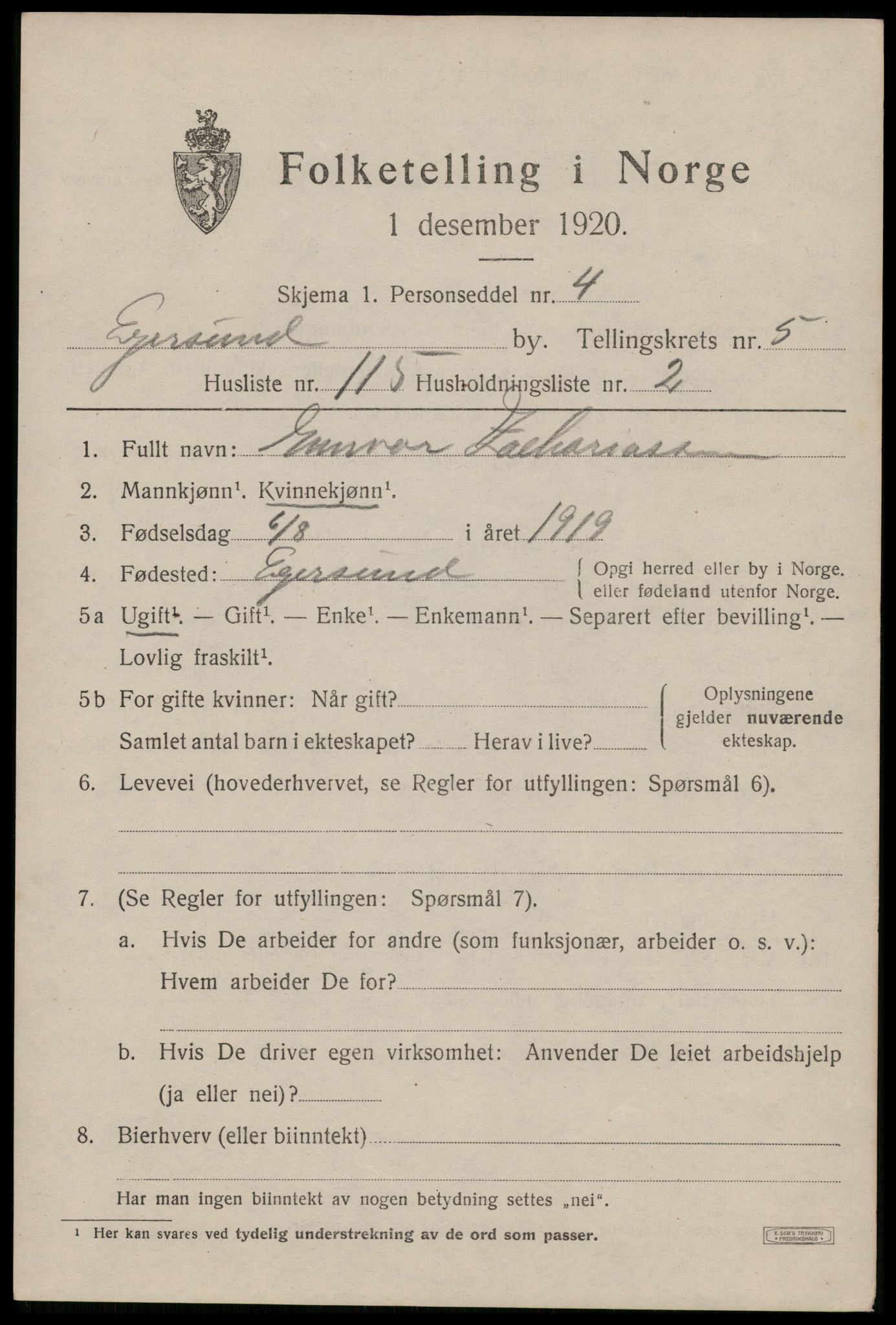 SAST, Folketelling 1920 for 1101 Egersund ladested, 1920, s. 9692