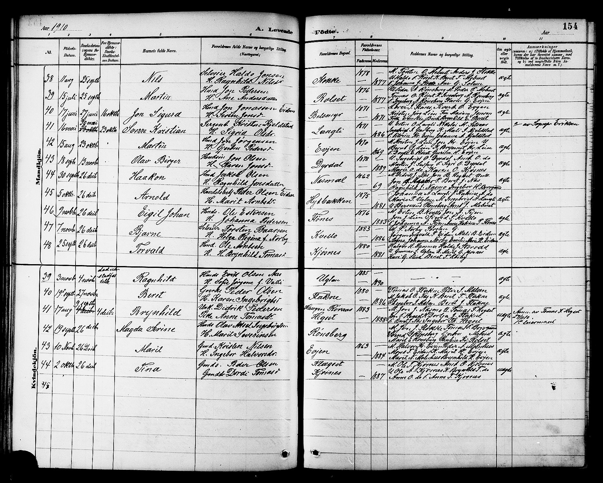 Ministerialprotokoller, klokkerbøker og fødselsregistre - Sør-Trøndelag, AV/SAT-A-1456/695/L1157: Klokkerbok nr. 695C08, 1889-1913, s. 154