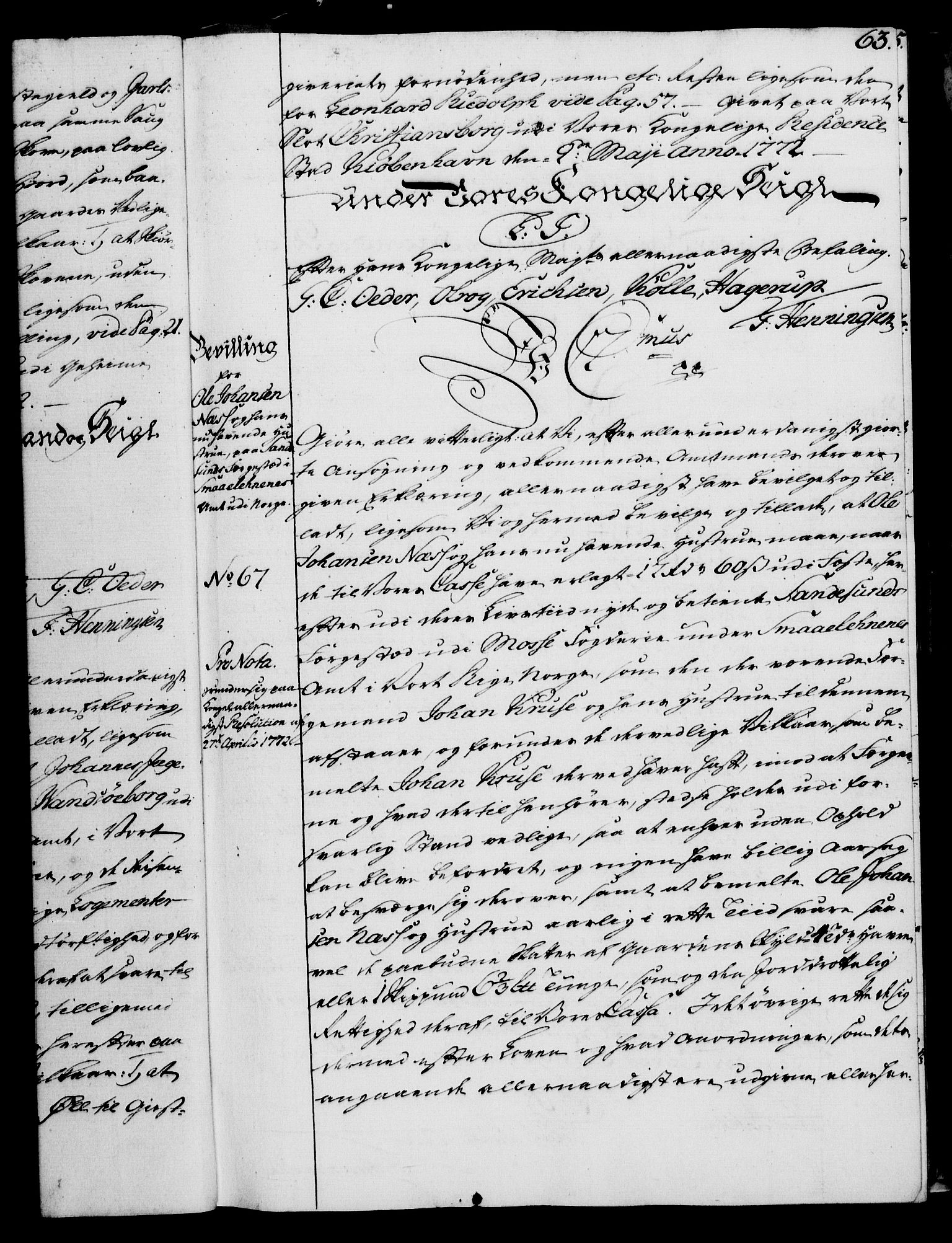 Rentekammeret, Kammerkanselliet, RA/EA-3111/G/Gg/Gga/L0009: Norsk ekspedisjonsprotokoll med register (merket RK 53.9), 1771-1773, s. 63