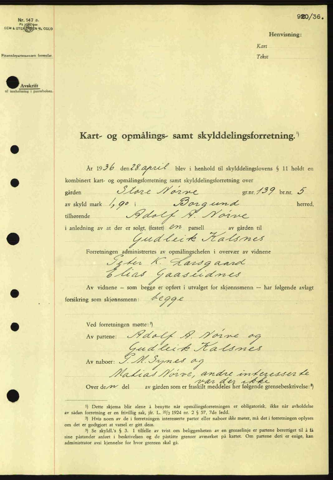 Nordre Sunnmøre sorenskriveri, AV/SAT-A-0006/1/2/2C/2Ca: Pantebok nr. A1, 1936-1936, Dagboknr: 920/1936