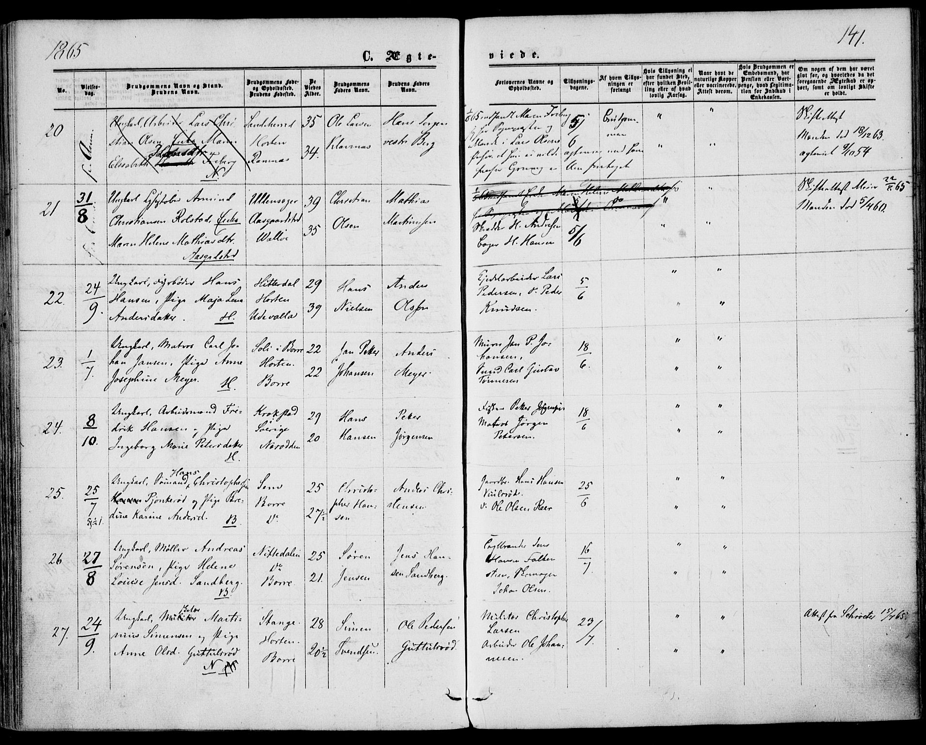 Borre kirkebøker, AV/SAKO-A-338/F/Fa/L0007: Ministerialbok nr. I 7, 1862-1867, s. 141