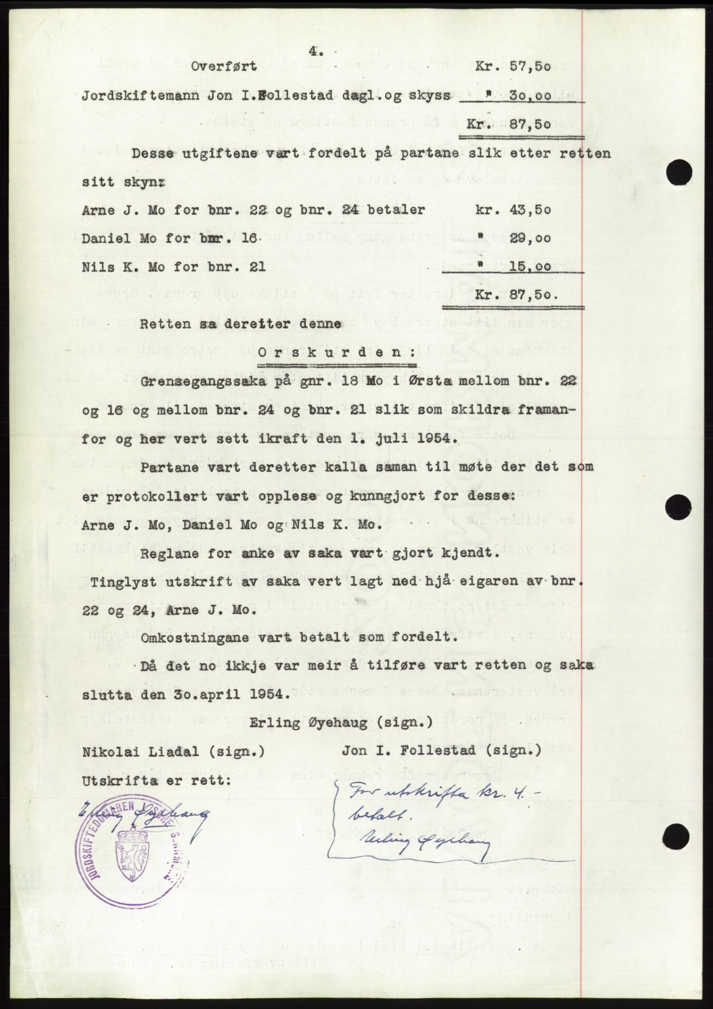 Søre Sunnmøre sorenskriveri, AV/SAT-A-4122/1/2/2C/L0099: Pantebok nr. 25A, 1954-1954, Dagboknr: 3325/1954
