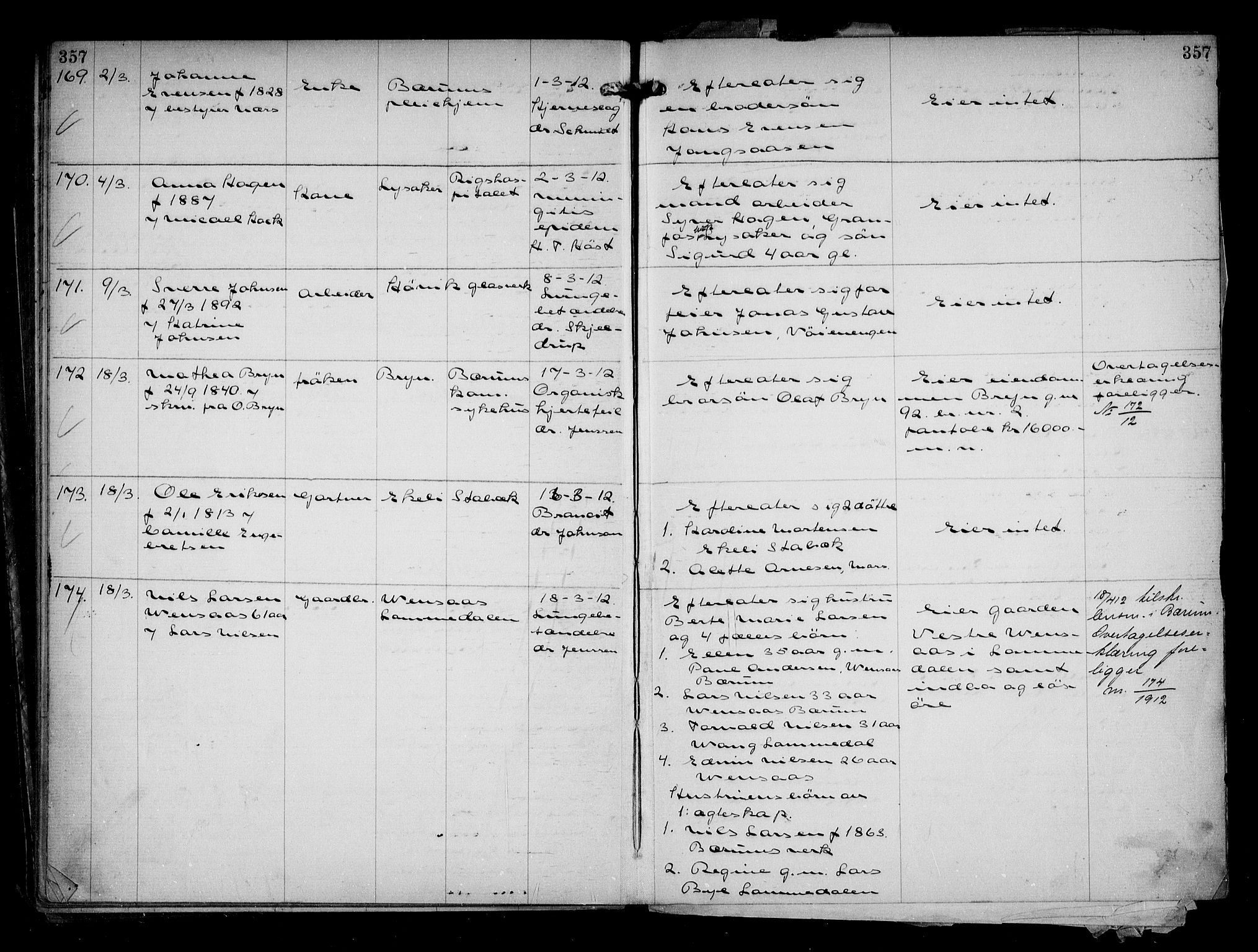 Aker kriminaldommer, skifte- og auksjonsforvalterembete, SAO/A-10452/H/Hb/Hba/Hbaa/L0002: Dødsfallsprotokoll, 1907-1912, s. 357