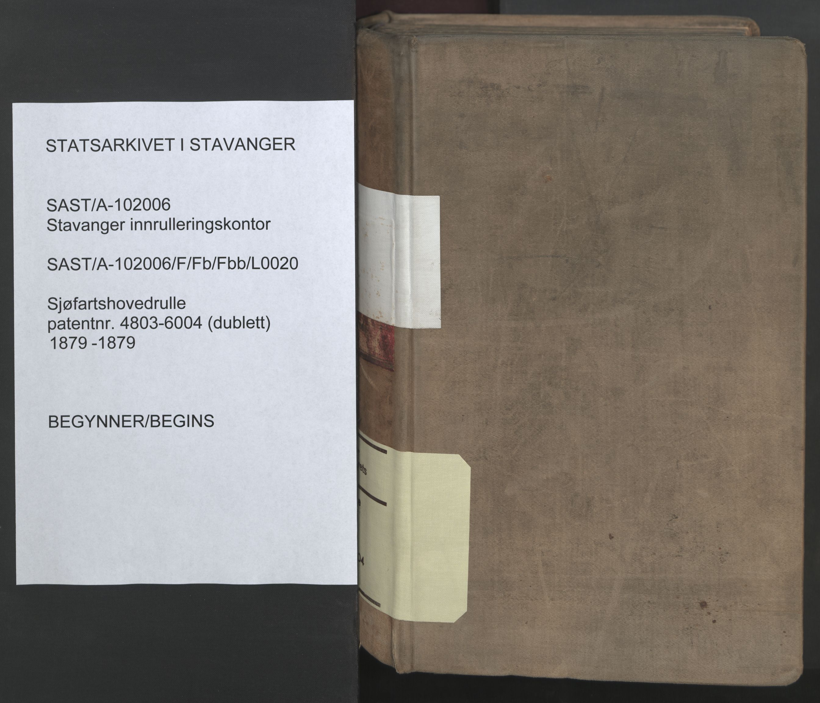 Stavanger sjømannskontor, SAST/A-102006/F/Fb/Fbb/L0020: Sjøfartshovedrulle patnentnr. 4803-6004 (dublett), 1879, s. 1