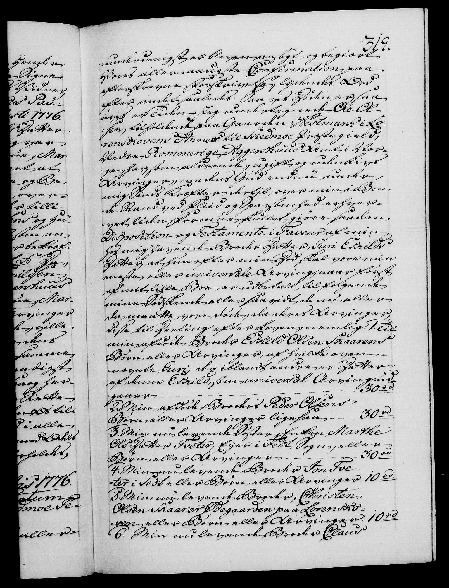 Danske Kanselli 1572-1799, AV/RA-EA-3023/F/Fc/Fca/Fcaa/L0047: Norske registre, 1776-1778, s. 319a