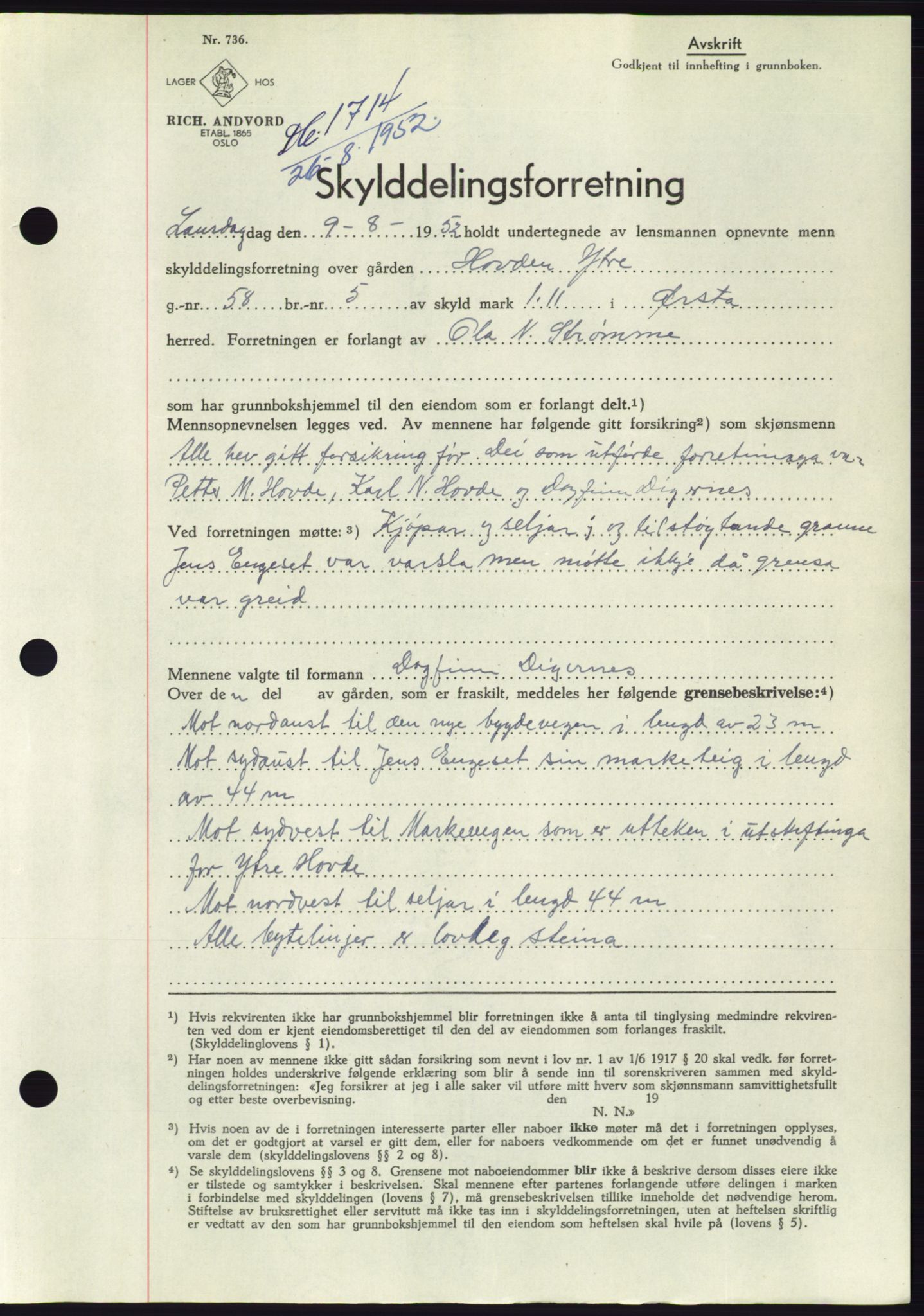 Søre Sunnmøre sorenskriveri, AV/SAT-A-4122/1/2/2C/L0092: Pantebok nr. 18A, 1952-1952, Dagboknr: 1714/1952