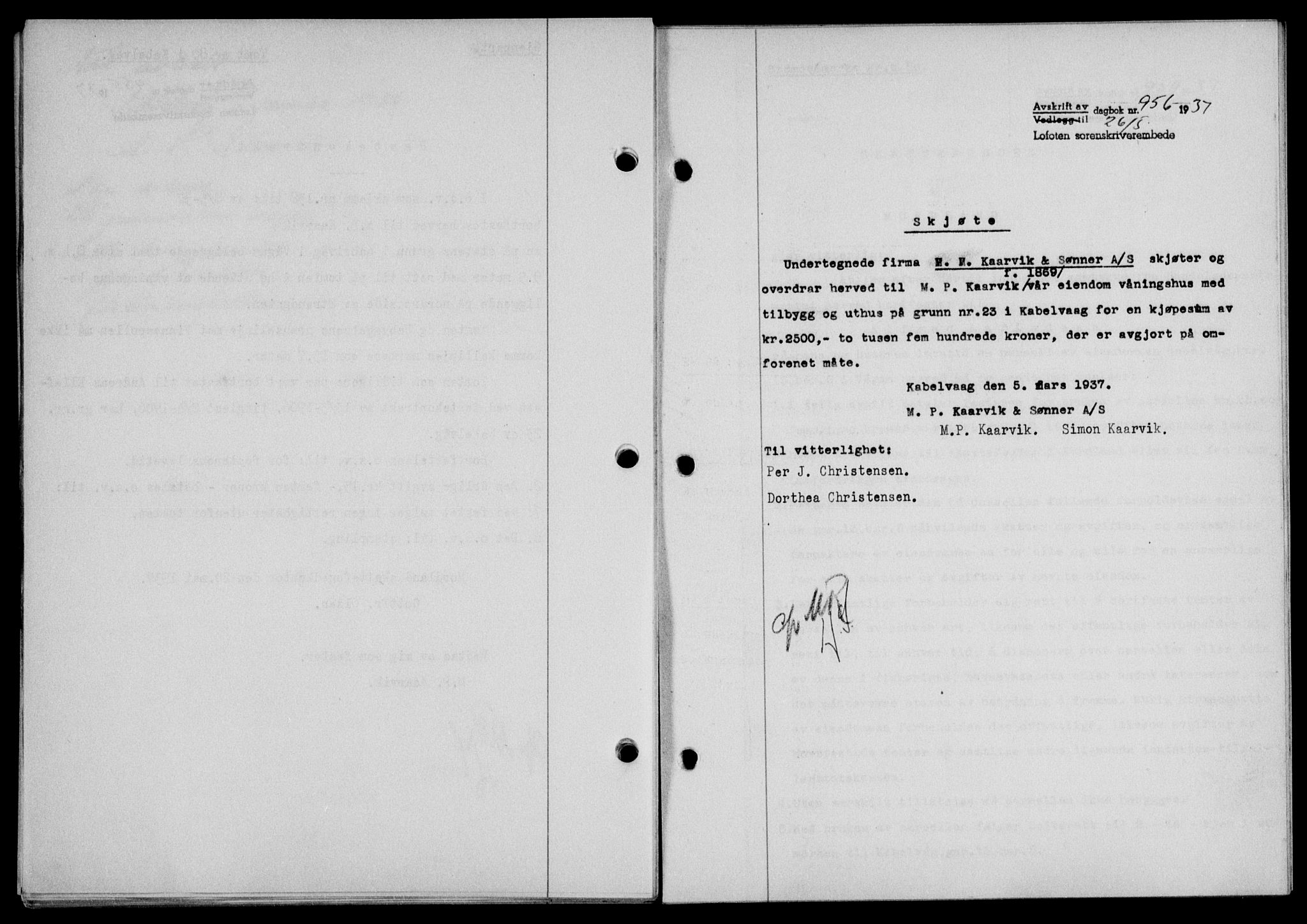 Lofoten sorenskriveri, SAT/A-0017/1/2/2C/L0002a: Pantebok nr. 2a, 1937-1937, Dagboknr: 956/1937