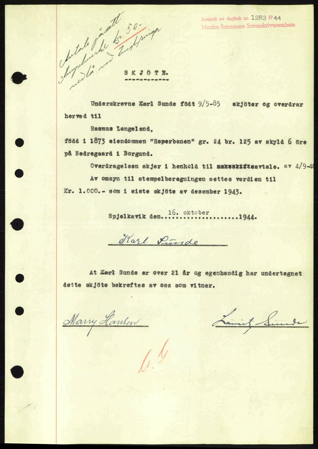 Nordre Sunnmøre sorenskriveri, SAT/A-0006/1/2/2C/2Ca: Pantebok nr. A18, 1944-1944, Dagboknr: 1283/1944