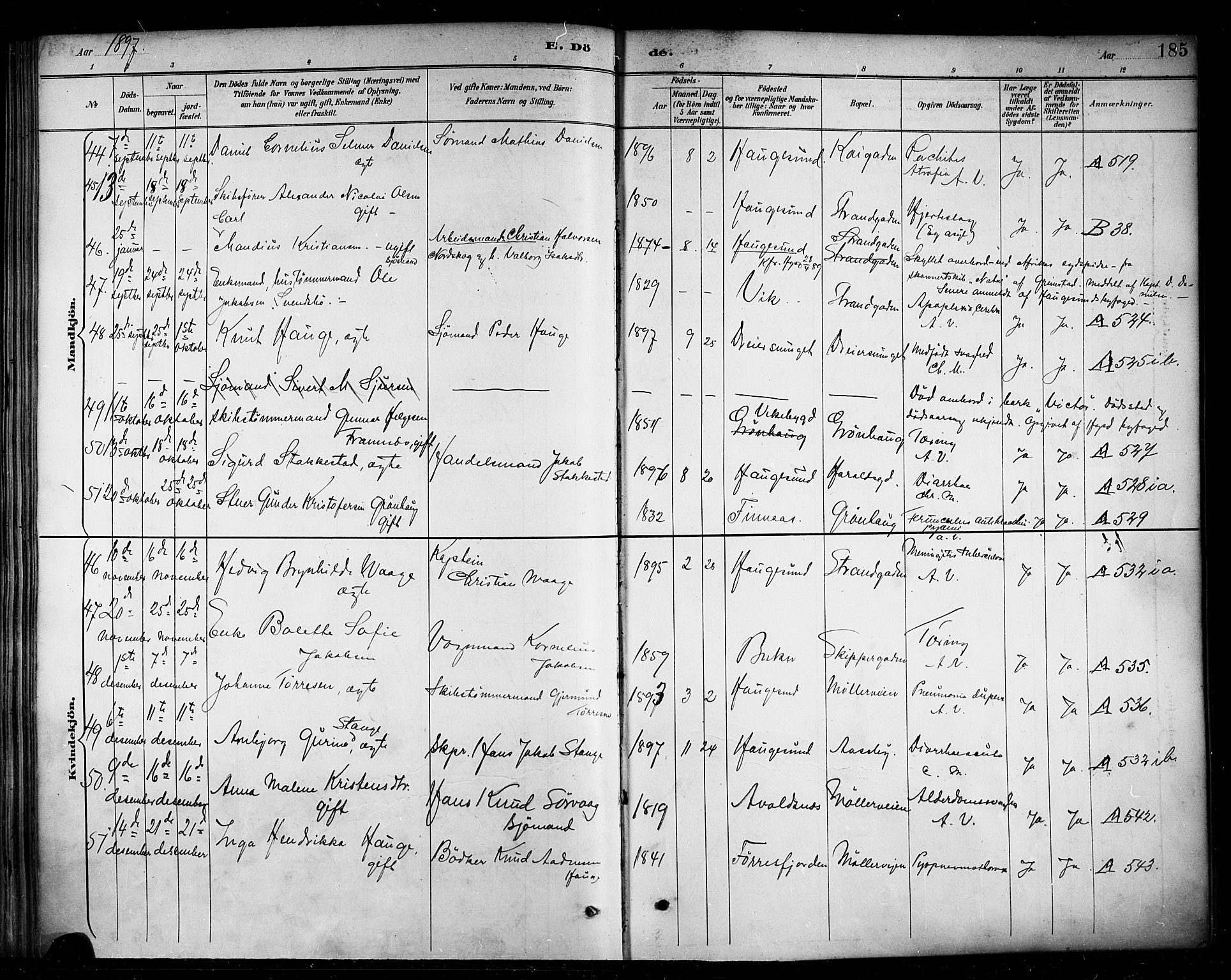Haugesund sokneprestkontor, AV/SAST-A -101863/H/Ha/Haa/L0005: Ministerialbok nr. A 5, 1891-1903, s. 185