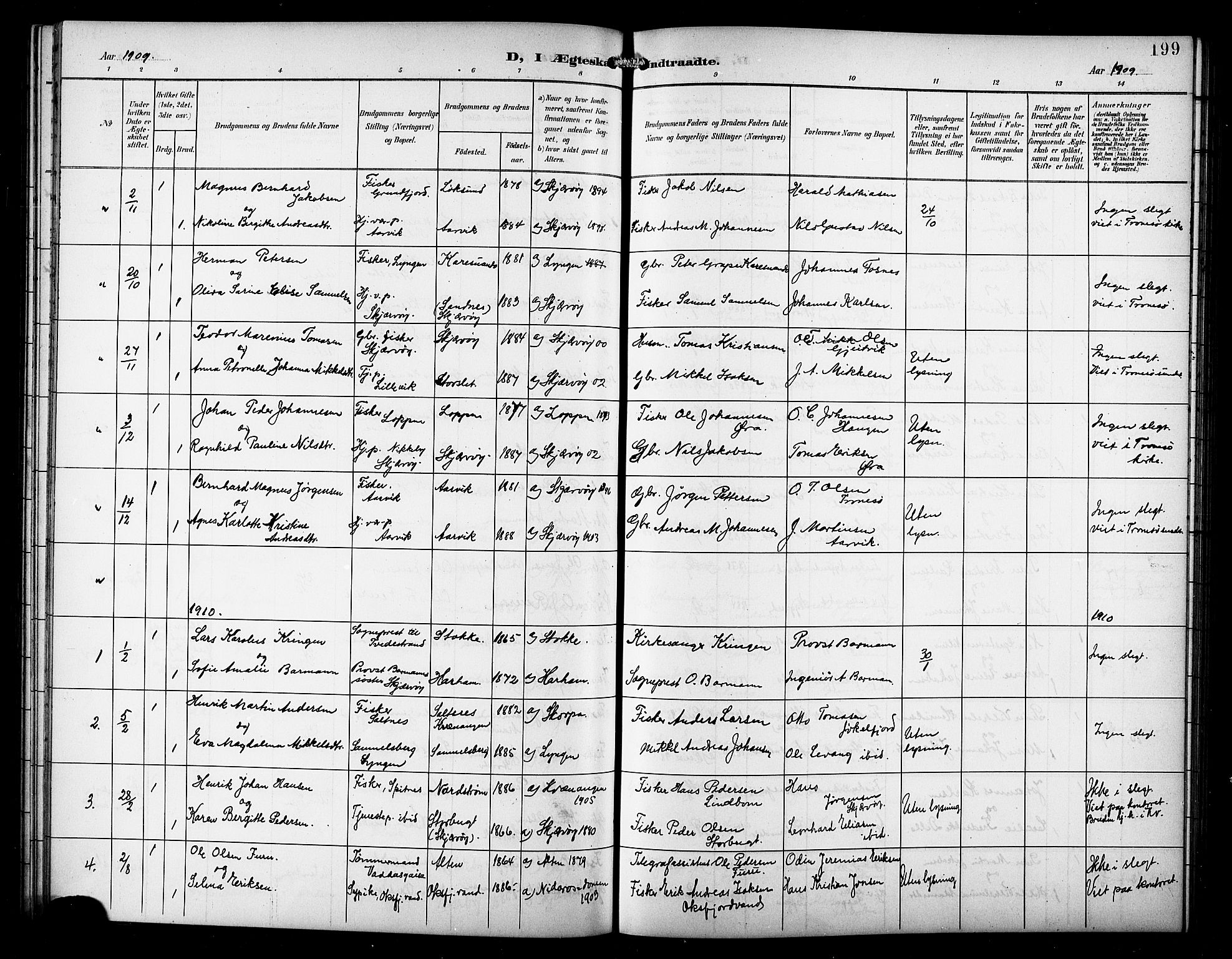 Skjervøy sokneprestkontor, SATØ/S-1300/H/Ha/Hab/L0008klokker: Klokkerbok nr. 8, 1900-1910, s. 199