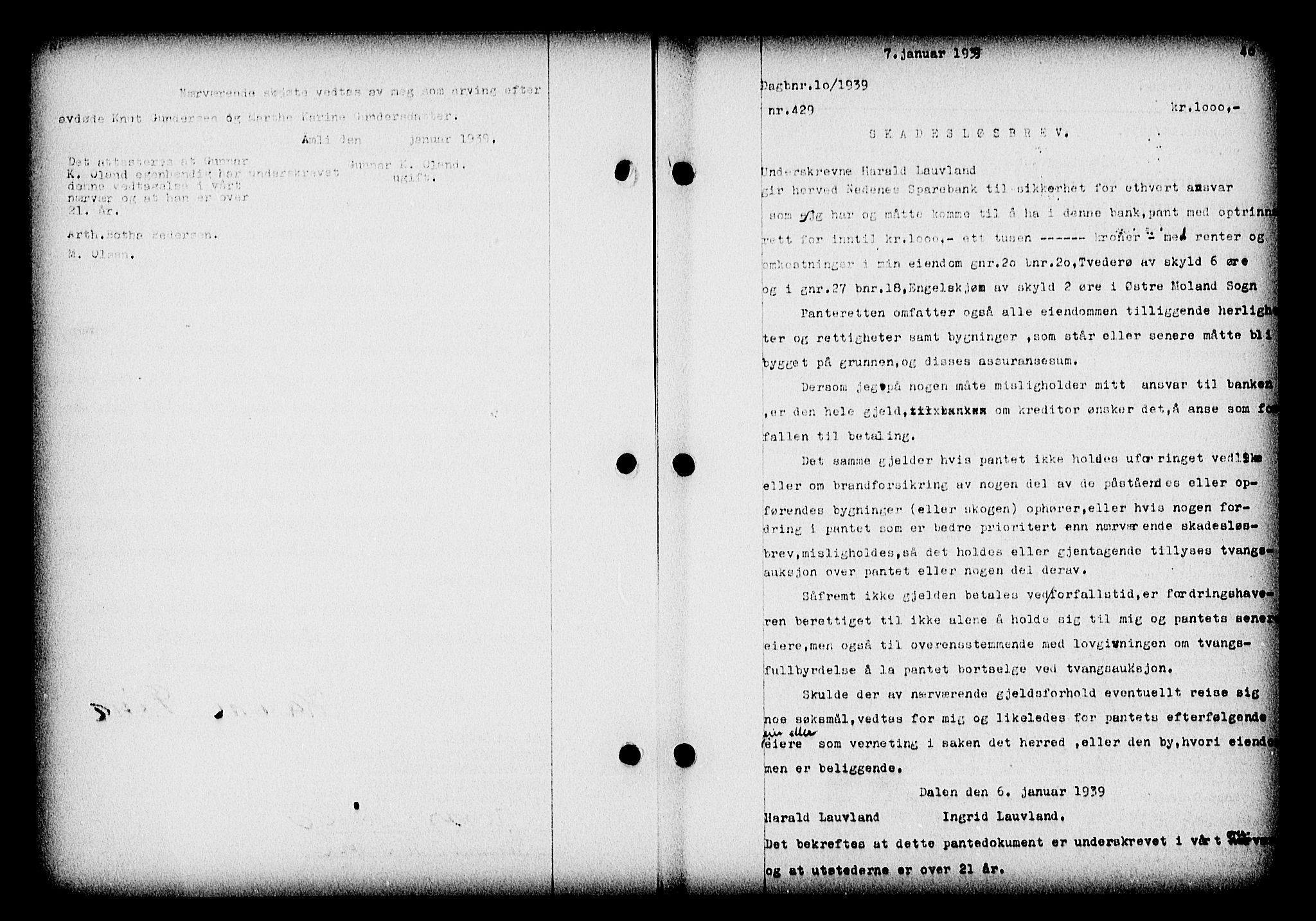 Nedenes sorenskriveri, SAK/1221-0006/G/Gb/Gba/L0046: Pantebok nr. 42, 1938-1939, Dagboknr: 10/1939