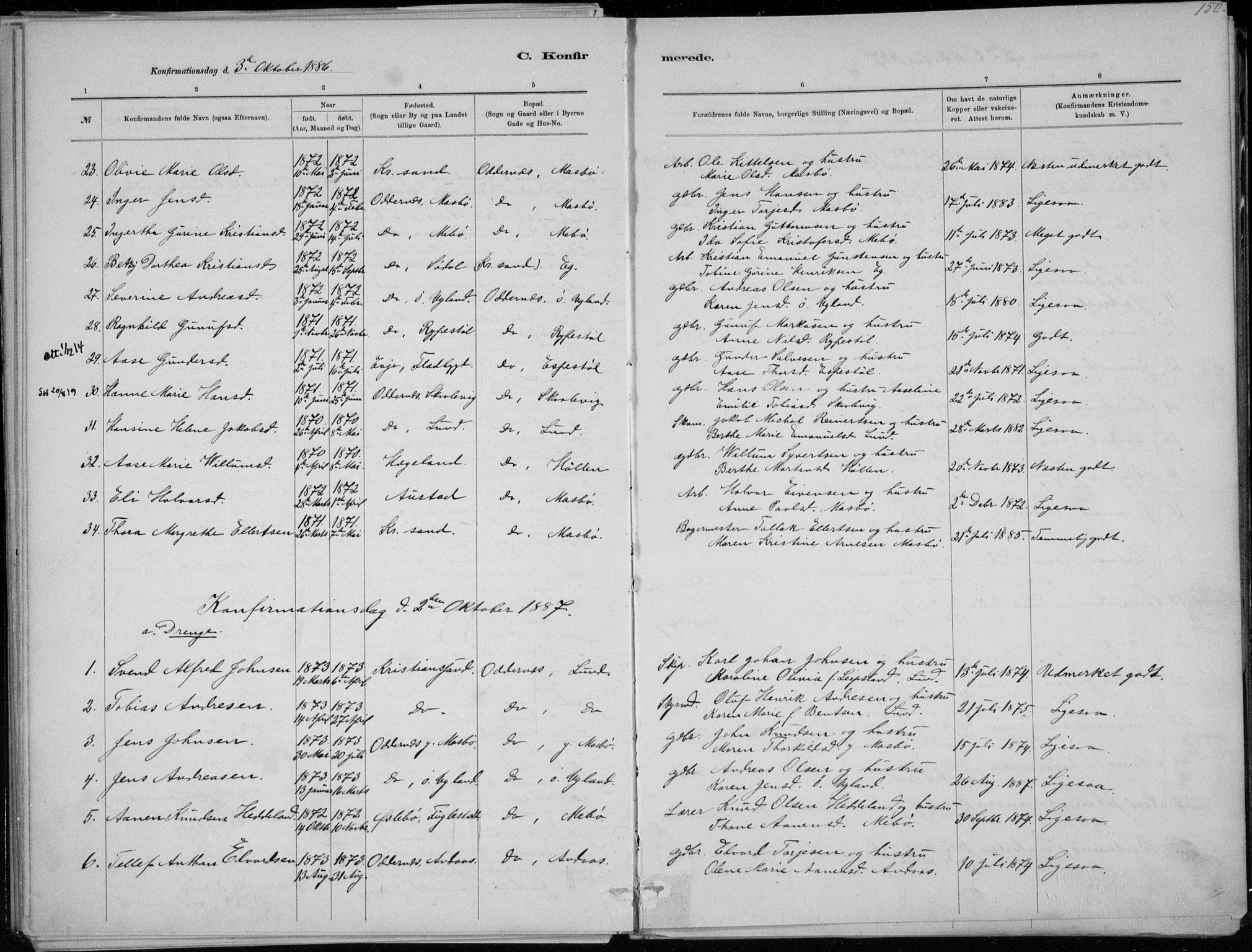 Oddernes sokneprestkontor, SAK/1111-0033/F/Fa/Faa/L0009: Ministerialbok nr. A 9, 1884-1896, s. 150