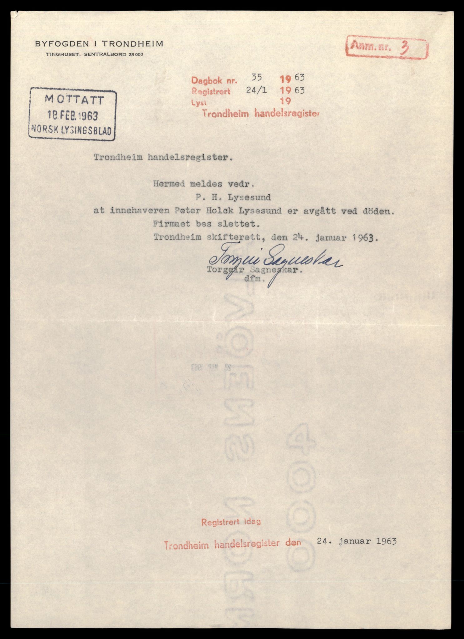 Trondheim byfogd, AV/SAT-A-0003/2/J/Jd/Jdb/L0015: Enkeltmannsforetak, Ly-Sa, 1960-1964, s. 1