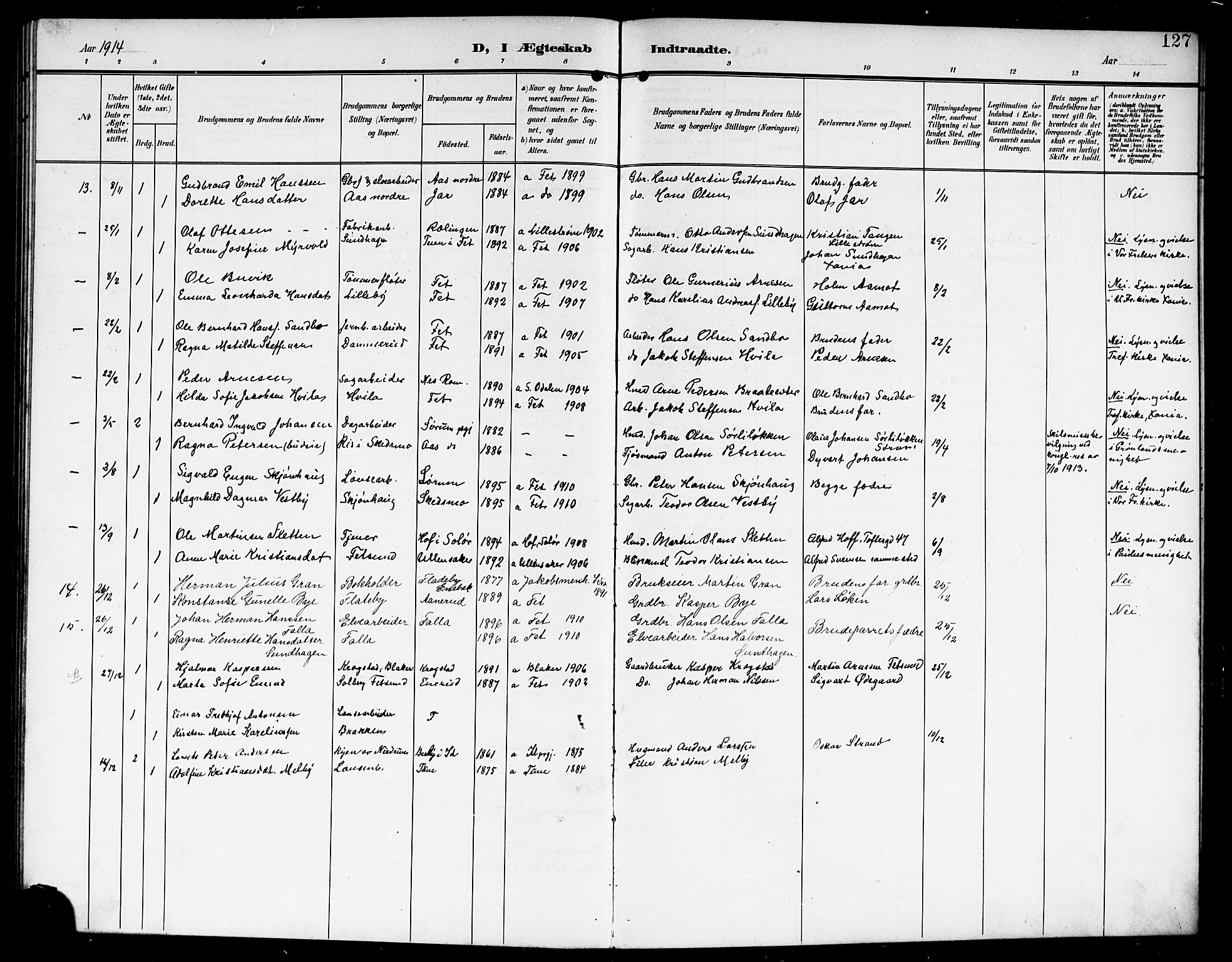 Fet prestekontor Kirkebøker, AV/SAO-A-10370a/G/Ga/L0008: Klokkerbok nr. I 8, 1907-1920, s. 127