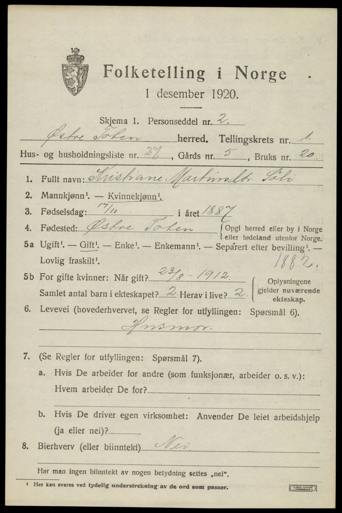 SAH, Folketelling 1920 for 0528 Østre Toten herred, 1920, s. 3770