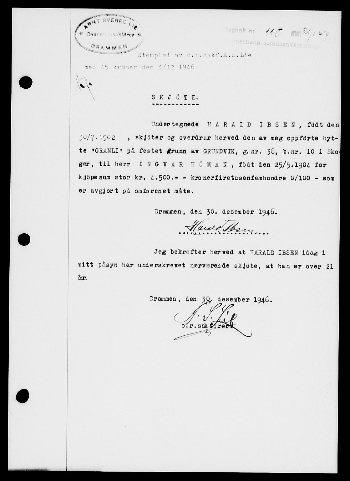 Holmestrand sorenskriveri, SAKO/A-67/G/Ga/Gaa/L0061: Pantebok nr. A-61, 1946-1947, Dagboknr: 115/1947