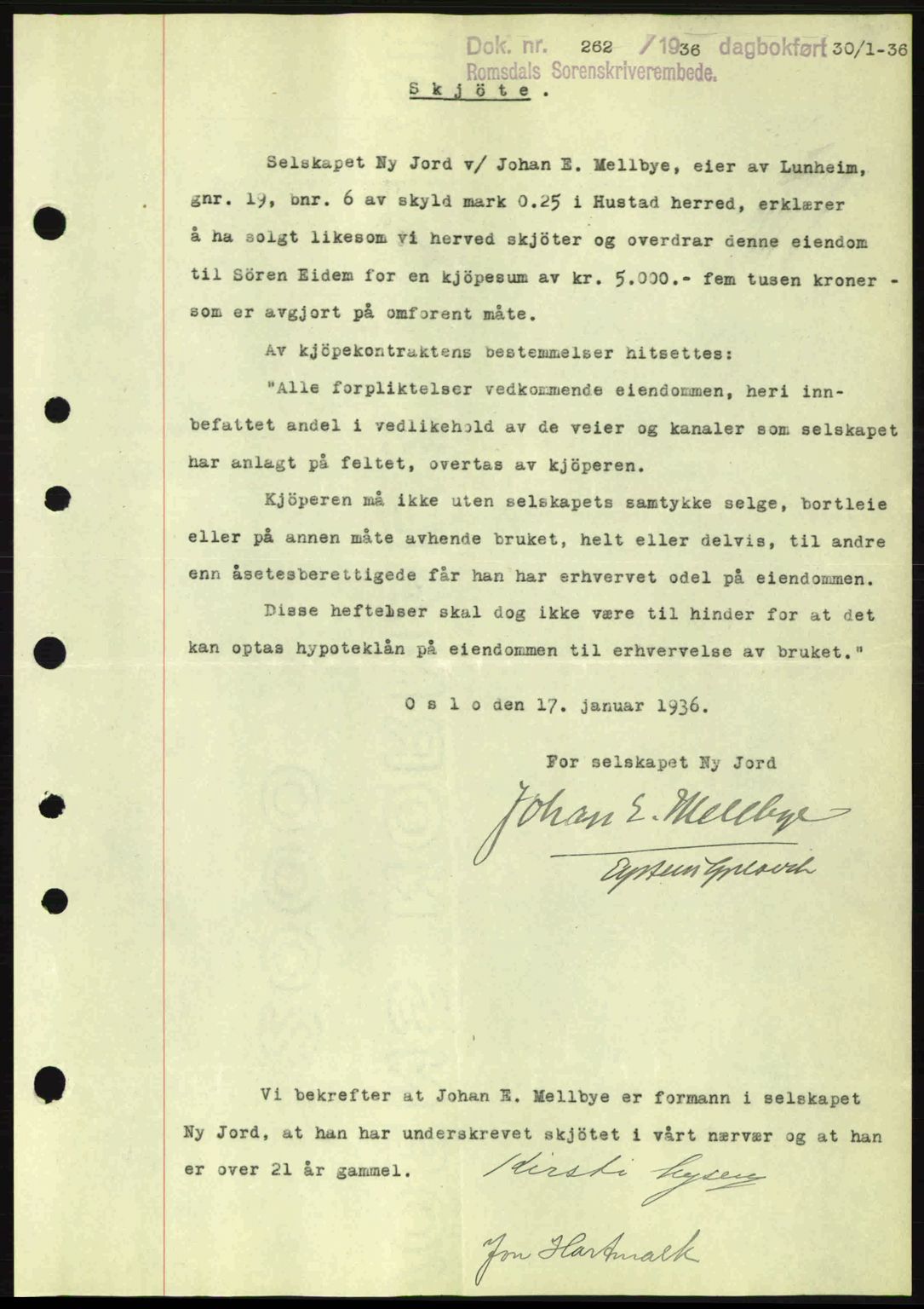 Romsdal sorenskriveri, SAT/A-4149/1/2/2C: Pantebok nr. A1, 1936-1936, Dagboknr: 262/1936