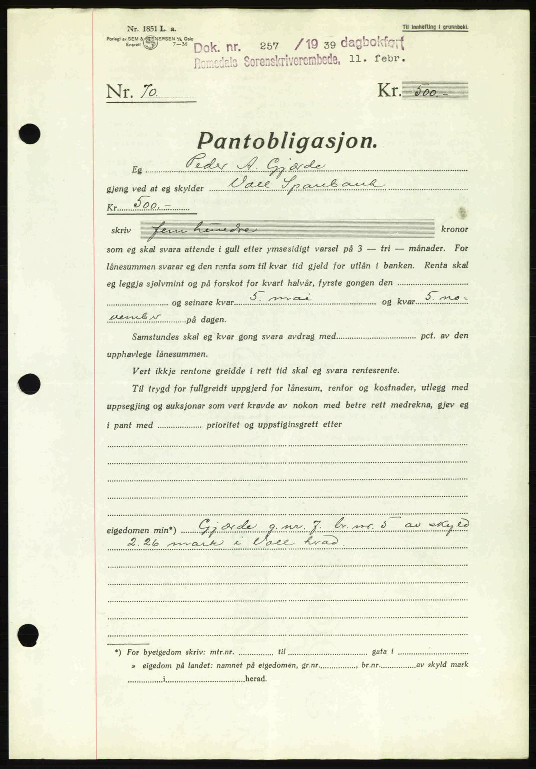 Romsdal sorenskriveri, SAT/A-4149/1/2/2C: Pantebok nr. B1, 1936-1939, Dagboknr: 257/1939