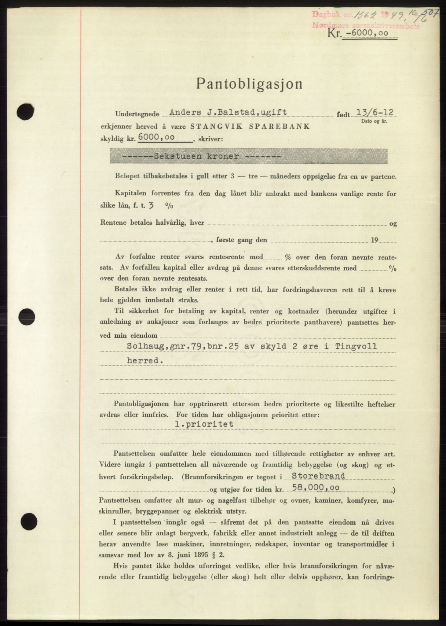 Nordmøre sorenskriveri, SAT/A-4132/1/2/2Ca: Pantebok nr. B101, 1949-1949, Dagboknr: 1562/1949