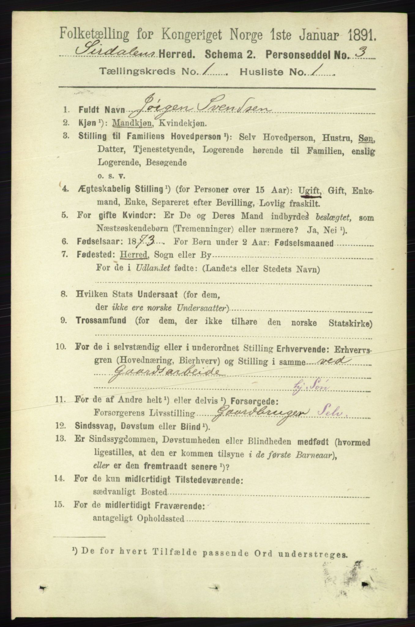 RA, Folketelling 1891 for 1046 Sirdal herred, 1891, s. 63