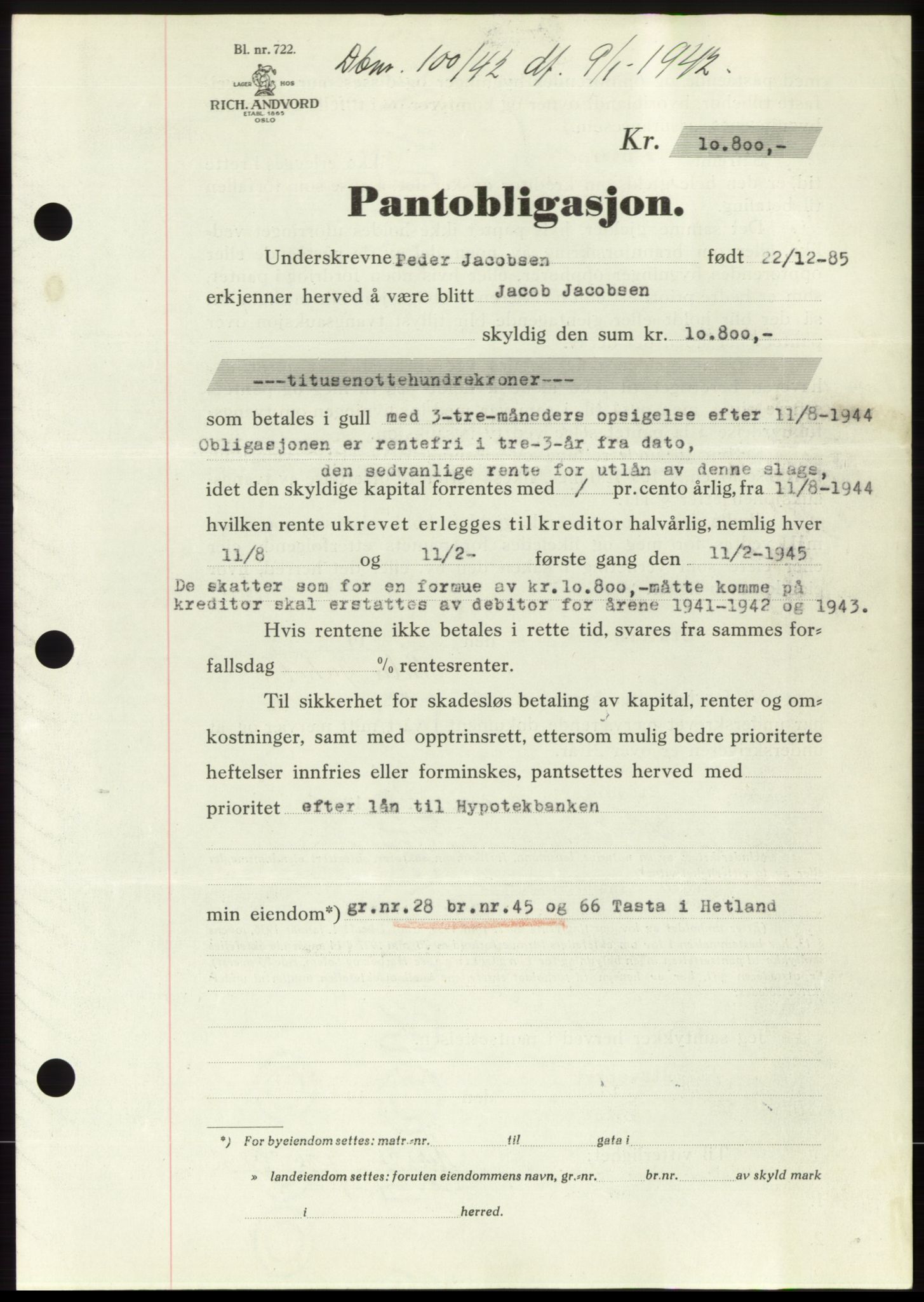 Jæren sorenskriveri, SAST/A-100310/03/G/Gba/L0082: Pantebok, 1942-1942, Dagboknr: 100/1942