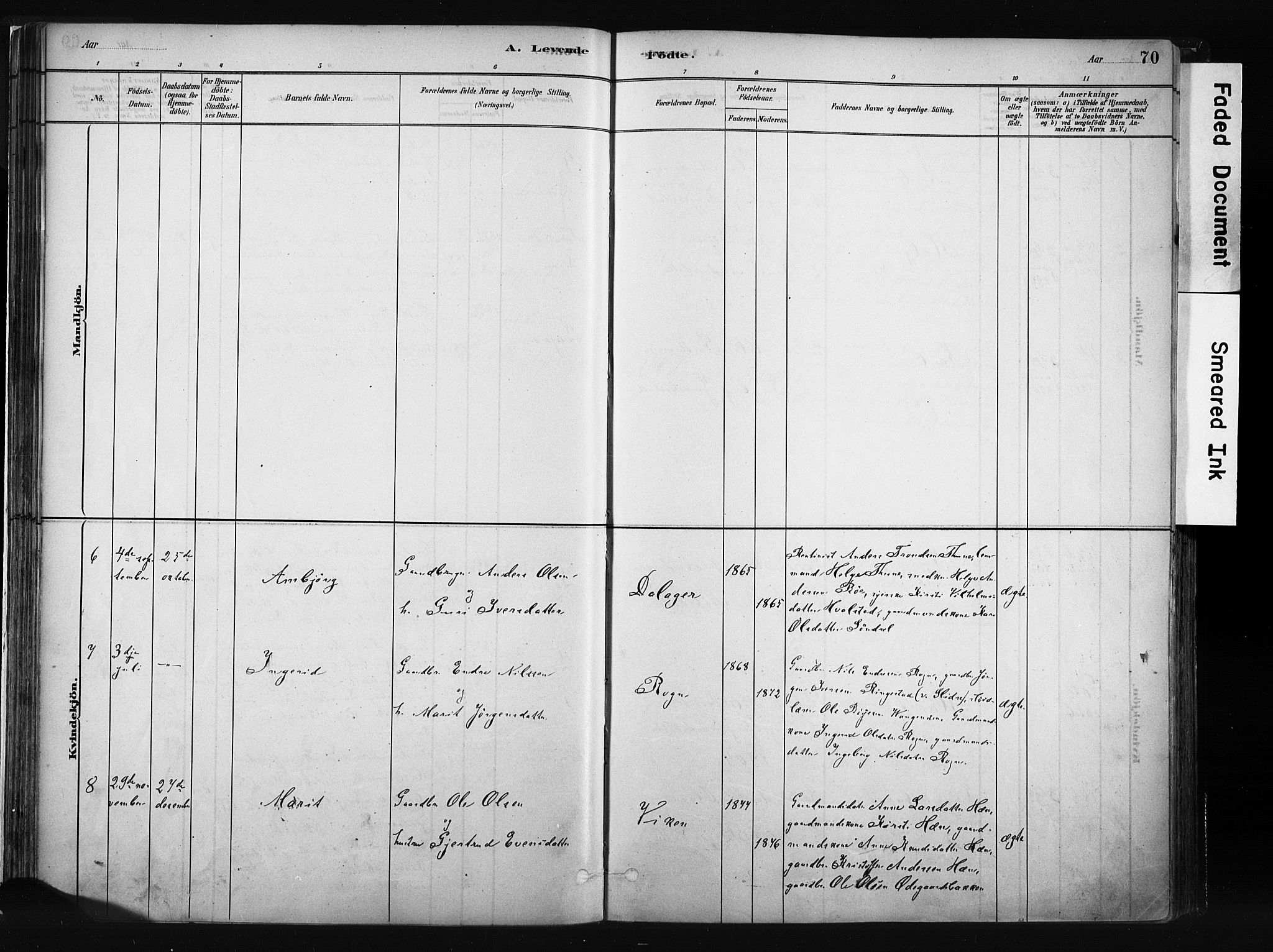 Vang prestekontor, Valdres, AV/SAH-PREST-140/H/Ha/L0008: Ministerialbok nr. 8, 1882-1910, s. 70