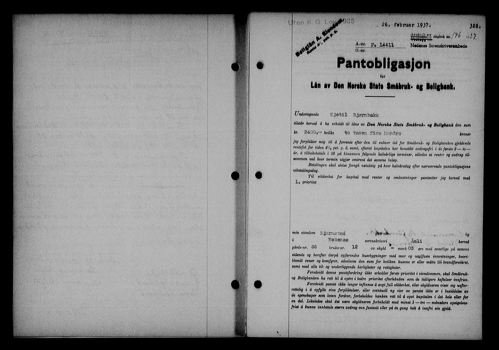 Nedenes sorenskriveri, SAK/1221-0006/G/Gb/Gba/L0043: Pantebok nr. 39, 1936-1937, Dagboknr: 176/1937