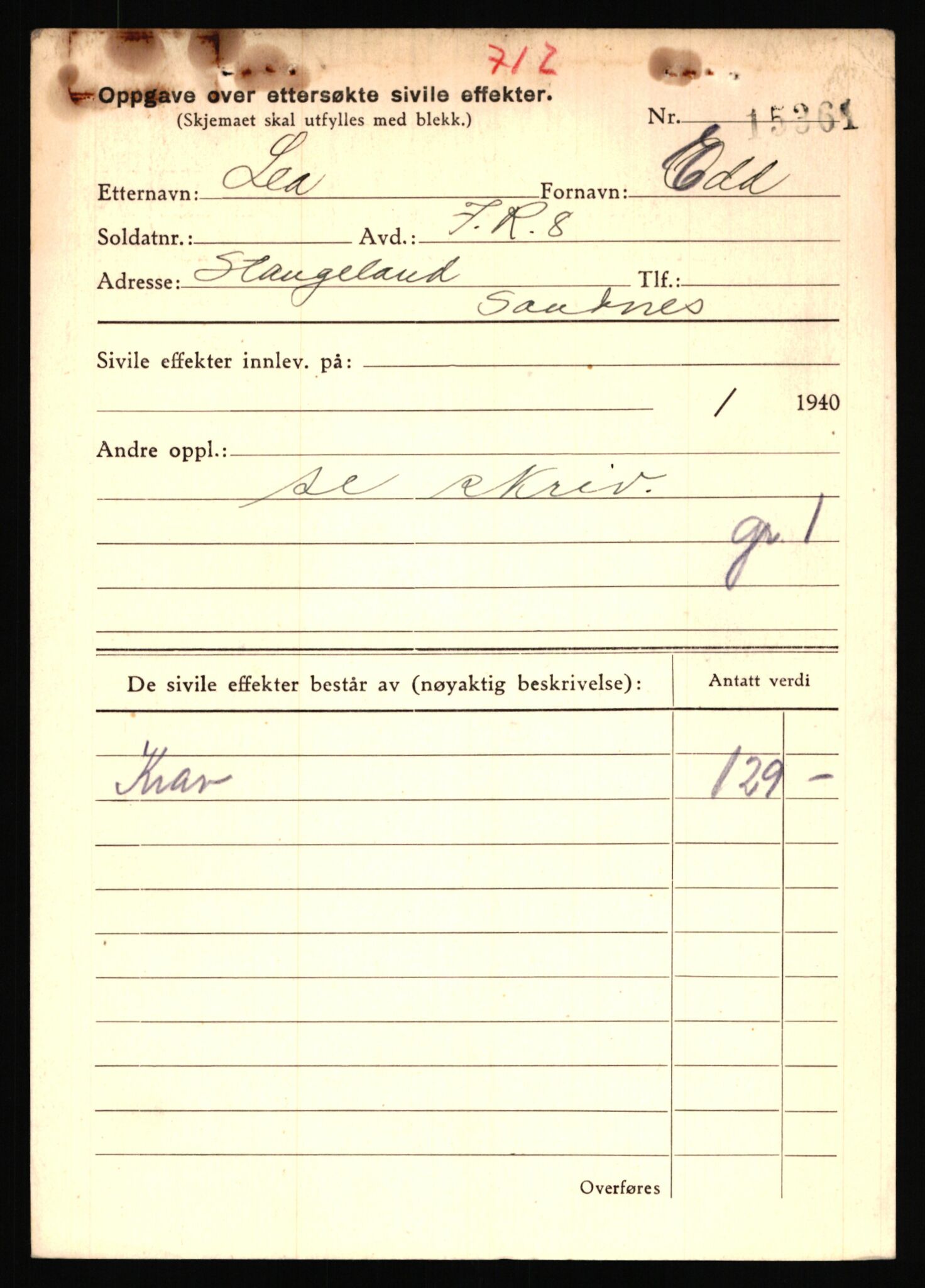 Justisdepartementet, Oppgjørsavdelingen, AV/RA-S-1056/G/Gb/L0050: Oppgaver over ettersøkte sivile effekter: Lea - Lillegaard, 1940-1942