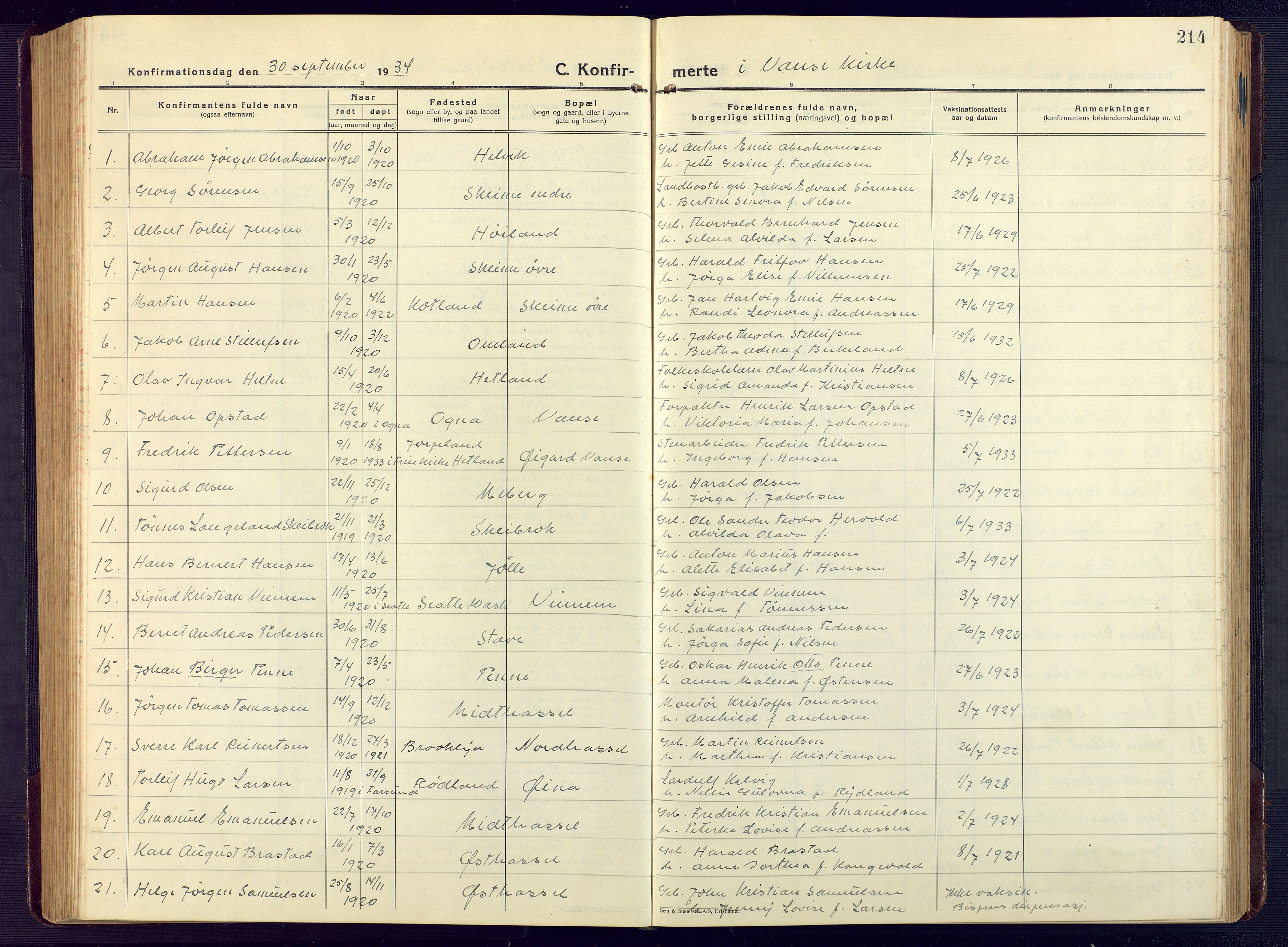 Lista sokneprestkontor, SAK/1111-0027/F/Fb/L0006: Klokkerbok nr. B 6, 1924-1947, s. 214
