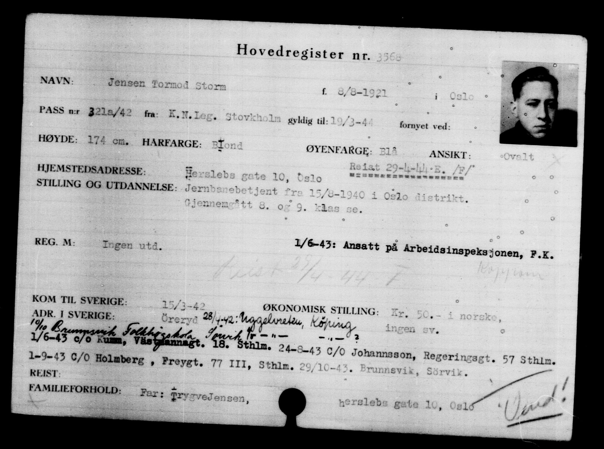 Utenriksstasjonene, Legasjonen i Stockholm, Flyktningkontoret, AV/RA-S-6753/V/Va/L0004: Kjesäterkartoteket, flyktninger med registreringsnr. 3496-6610, 1940-1945, s. 85