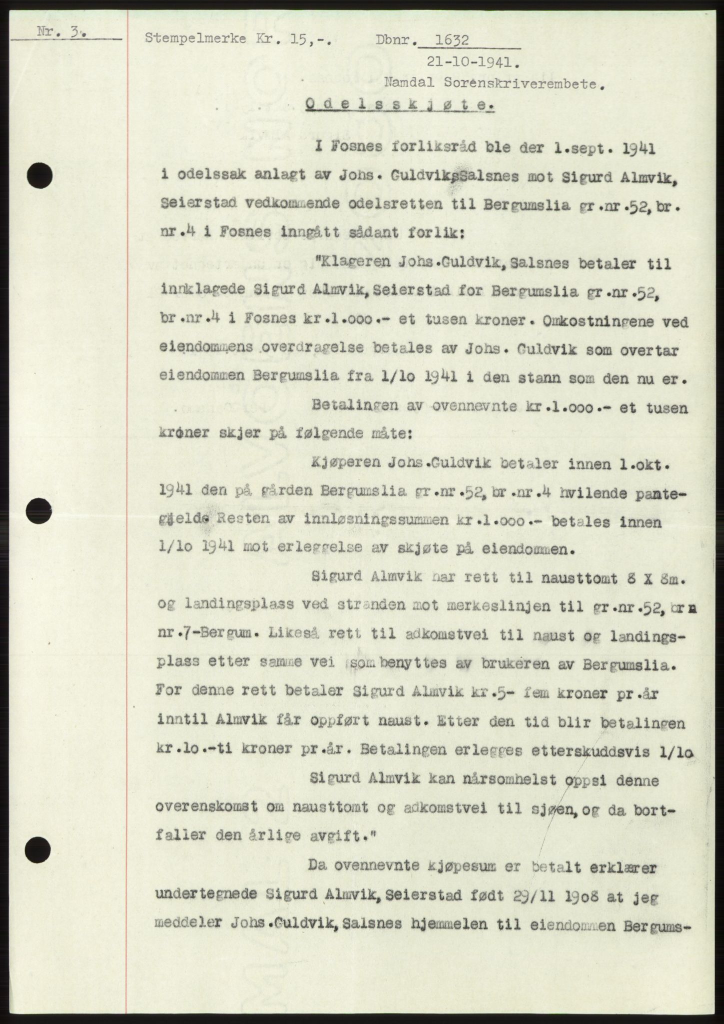 Namdal sorenskriveri, SAT/A-4133/1/2/2C: Pantebok nr. -, 1941-1942, Dagboknr: 1632/1941