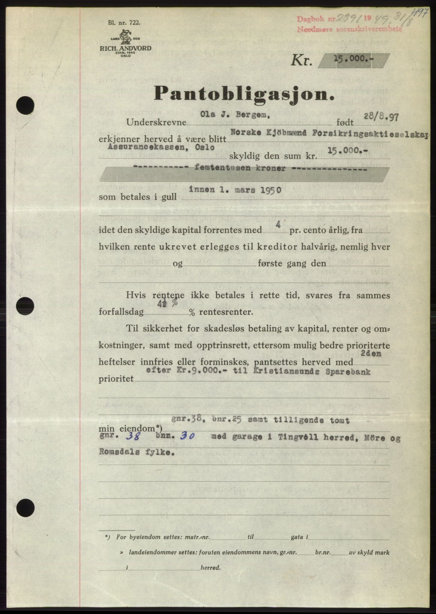 Nordmøre sorenskriveri, SAT/A-4132/1/2/2Ca: Pantebok nr. B102, 1949-1949, Dagboknr: 2391/1949