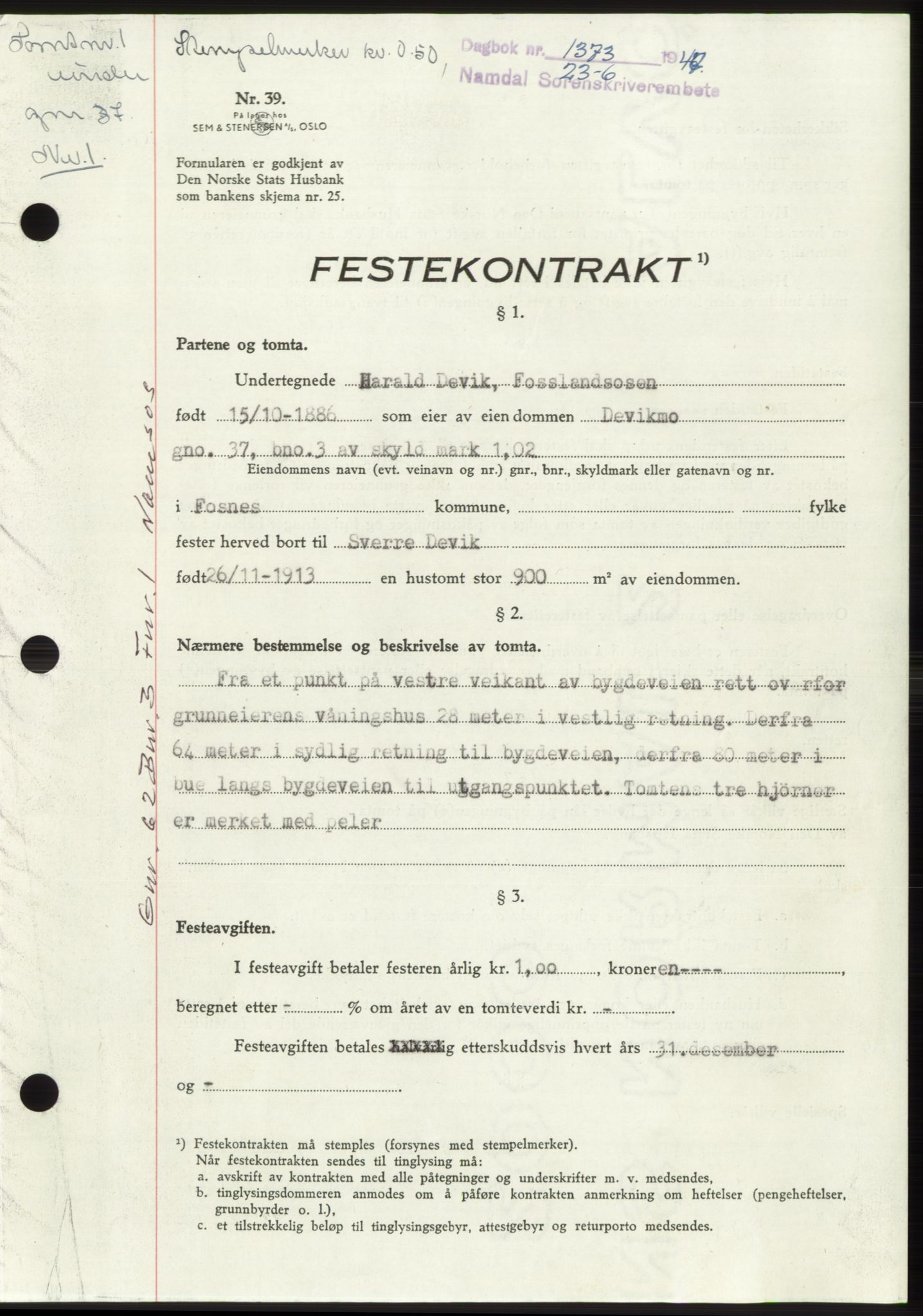Namdal sorenskriveri, SAT/A-4133/1/2/2C: Pantebok nr. -, 1947-1947, Dagboknr: 1373/1947
