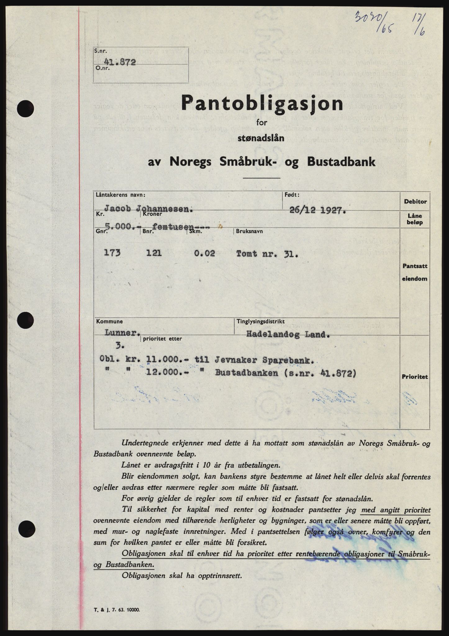 Hadeland og Land tingrett, SAH/TING-010/H/Hb/Hbc/L0059: Pantebok nr. B59, 1965-1965, Dagboknr: 3070/1965