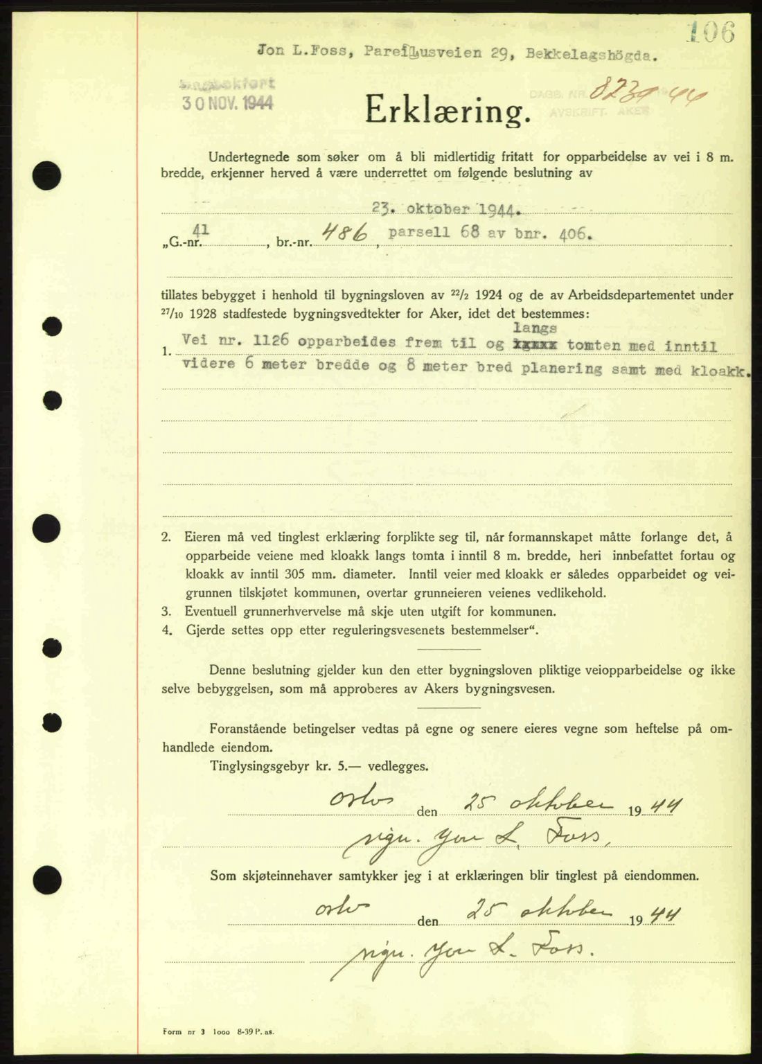 Aker herredsskriveri, SAO/A-10896/G/Gb/Gba/Gbac/L0035: Pantebok nr. B200-201, 1944-1944, Dagboknr: 8239/1944