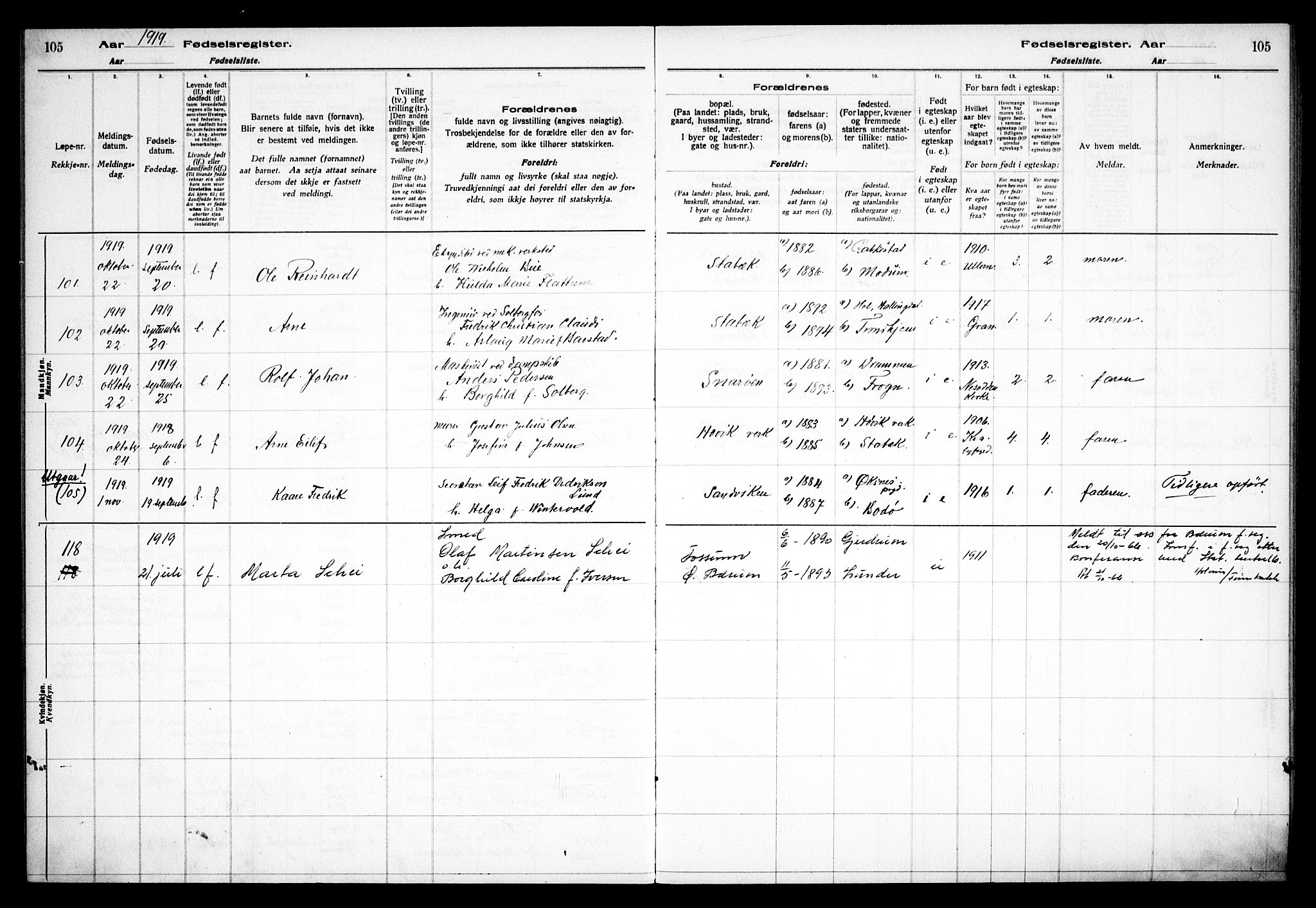 Østre Bærum prestekontor Kirkebøker, AV/SAO-A-10887/J/Ja/L0001: Fødselsregister nr. 1, 1916-1922, s. 105