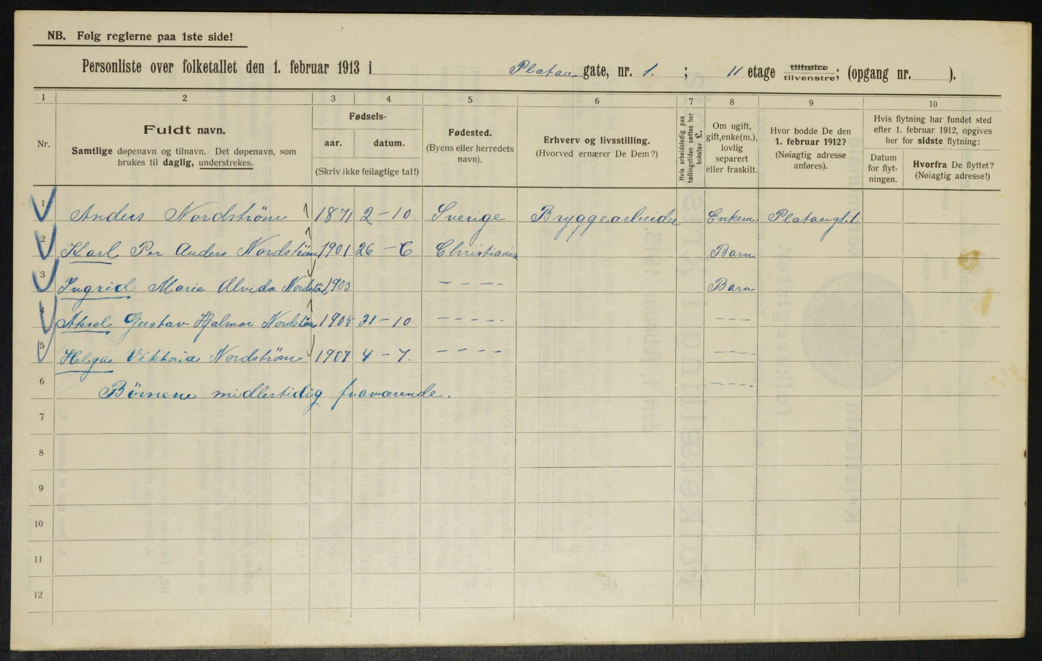 OBA, Kommunal folketelling 1.2.1913 for Kristiania, 1913, s. 80376