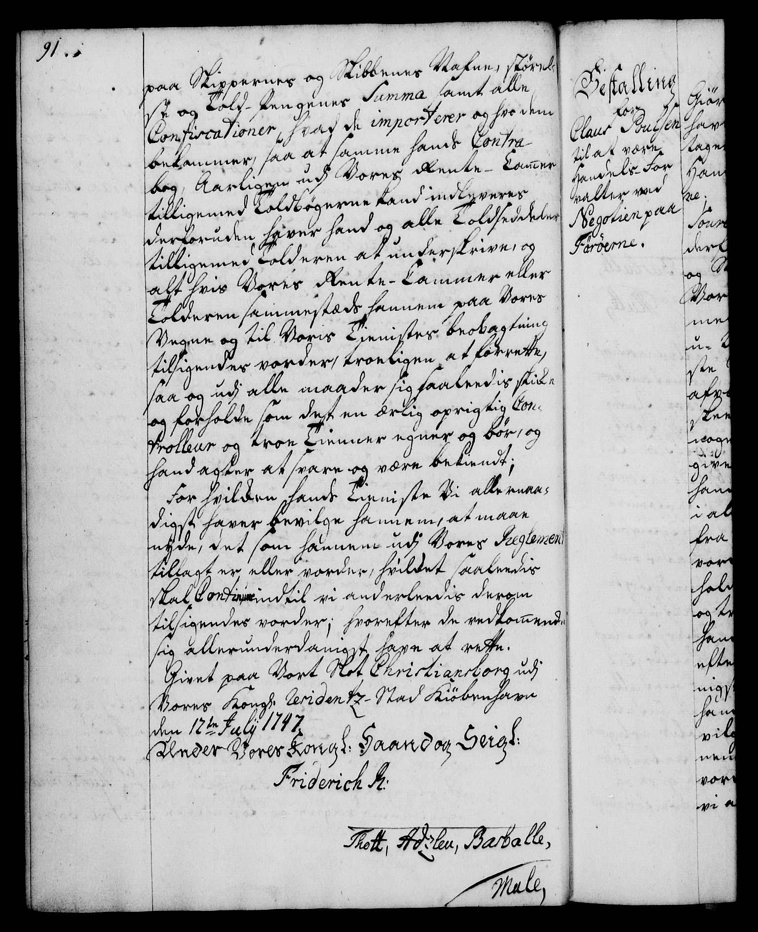 Rentekammeret, Kammerkanselliet, RA/EA-3111/G/Gg/Gge/L0003: Norsk bestallingsprotokoll med register (merket RK 53.27), 1745-1761, s. 91