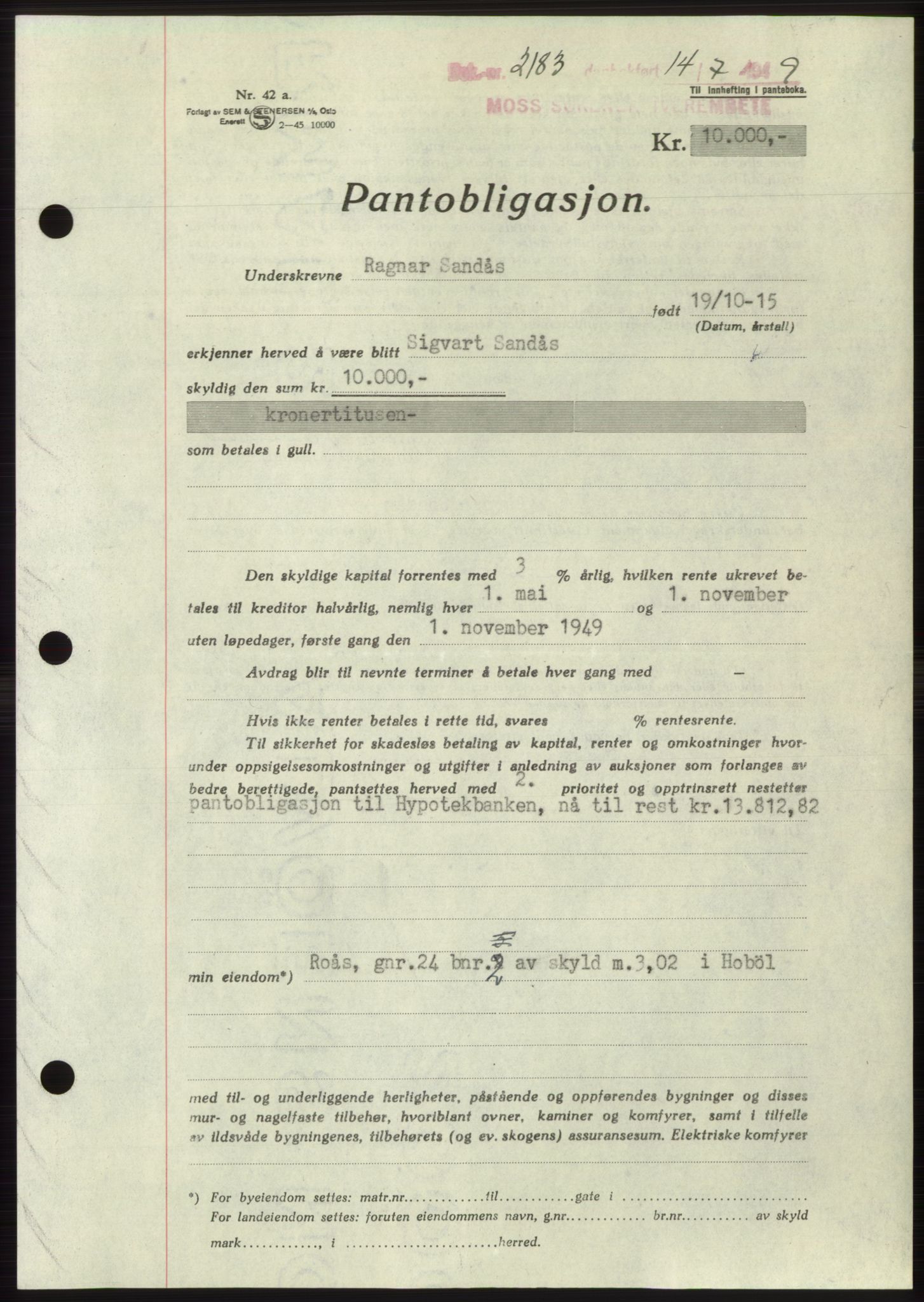 Moss sorenskriveri, SAO/A-10168: Pantebok nr. B22, 1949-1949, Dagboknr: 2183/1949